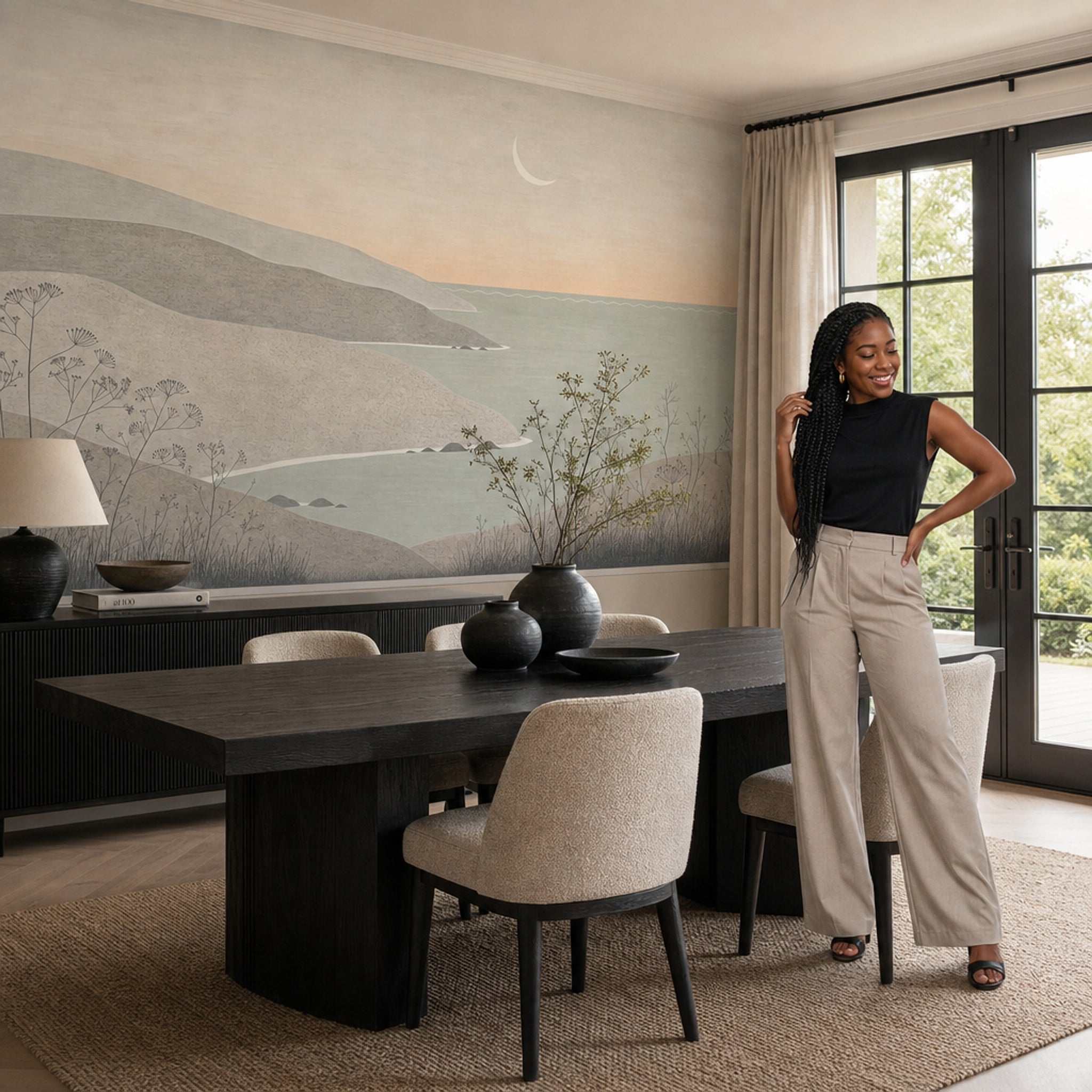 Coastal Landscape Wallpaper Minimalist Seascape Layered Hills Removable Wall Decor