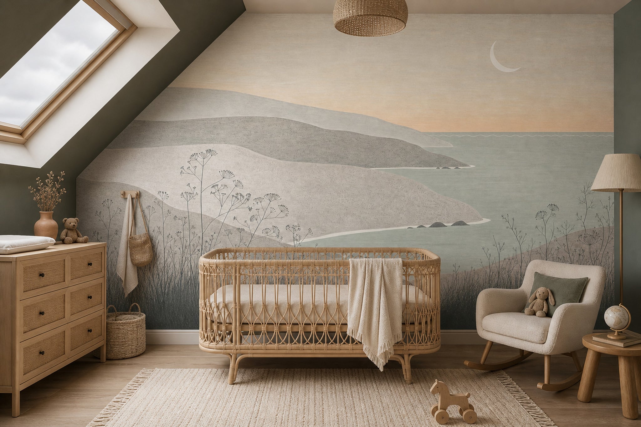 Coastal Landscape Wallpaper Minimalist Seascape Layered Hills Removable Wall Decor