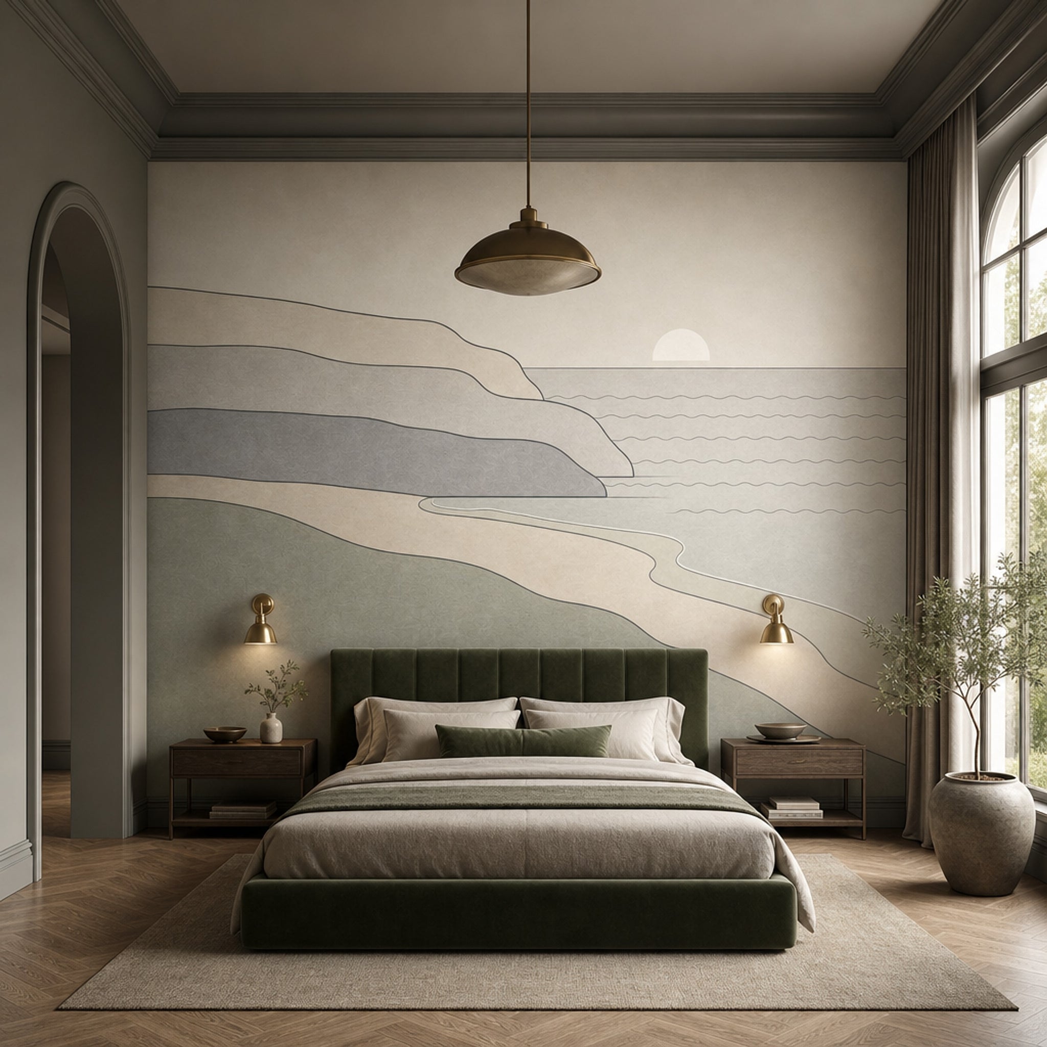 Minimalist Coastal Landscape Wallpaper Abstract Seascape Removable Sun On Horizon Wall Decor