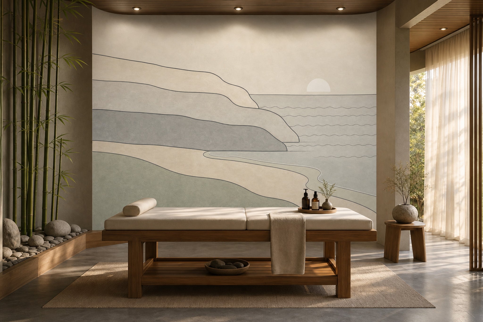 Minimalist Coastal Landscape Wallpaper Abstract Seascape Removable Sun On Horizon Wall Decor