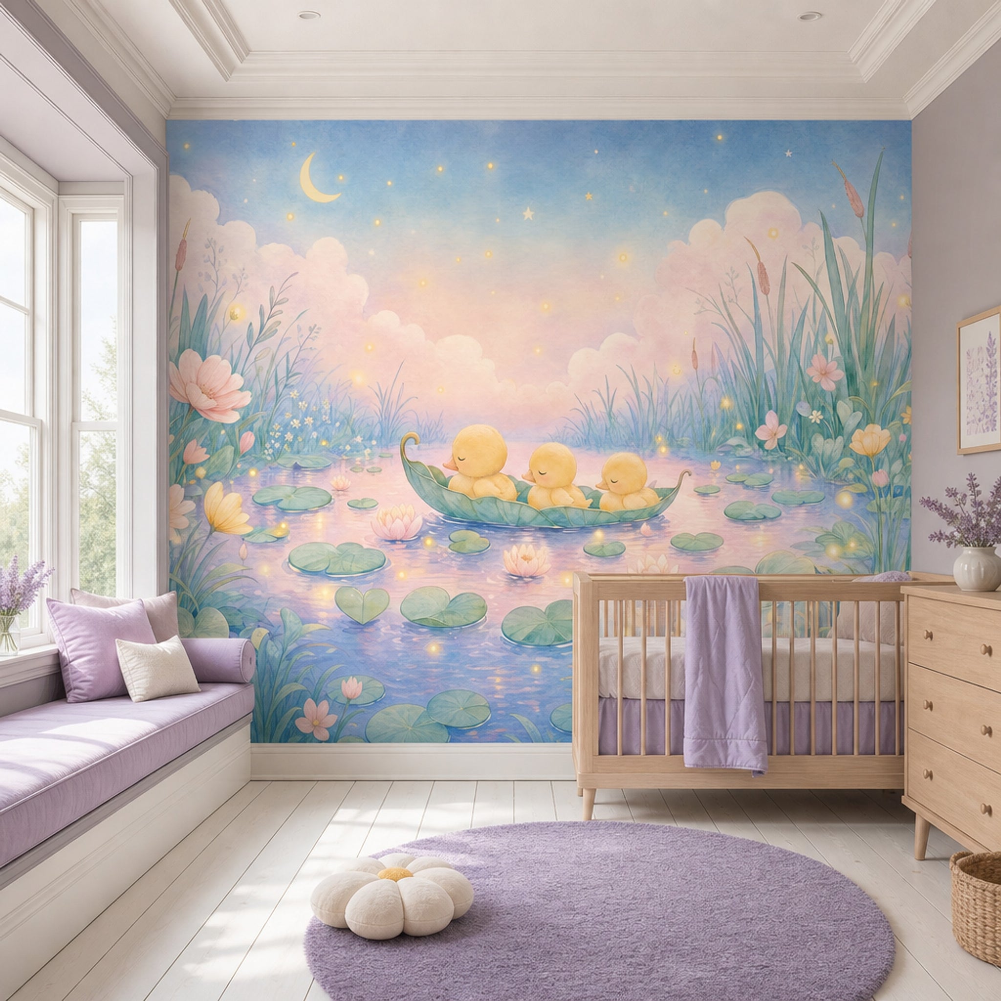 Pastel Watercolor Wallpaper Pond Landscape Removable Sleeping Ducklings Wall Decor