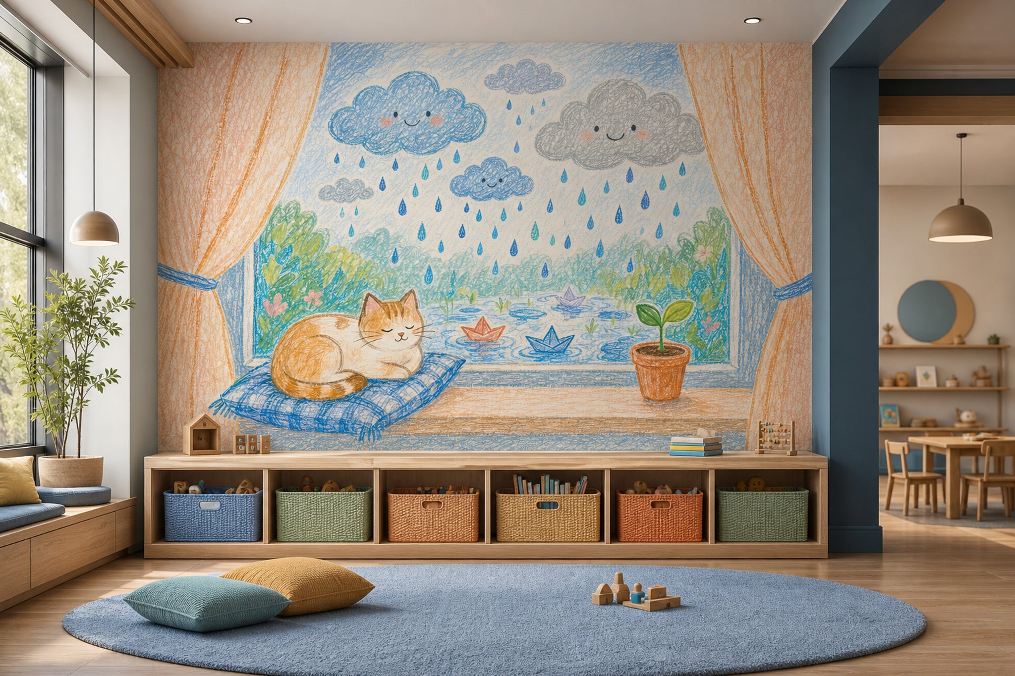 Rainy Day Wallpaper Smiling Clouds Paper Boats Removable Wall Decor