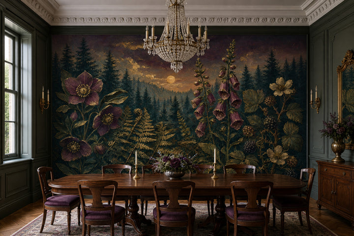 Twilight Forest Wallpaper Botanical Floral Gold Accents Removable Wall Decor