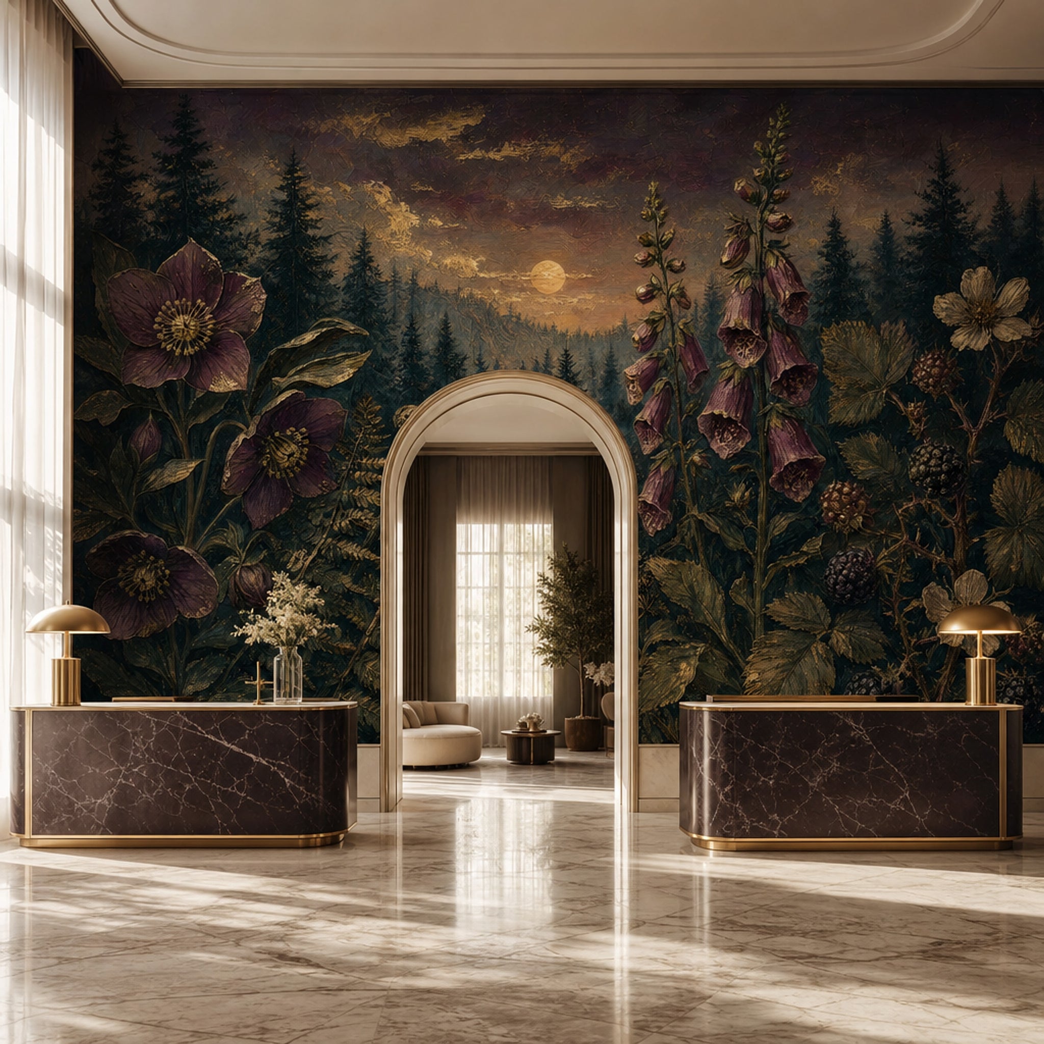 Twilight Forest Wallpaper Botanical Floral Gold Accents Removable Wall Decor