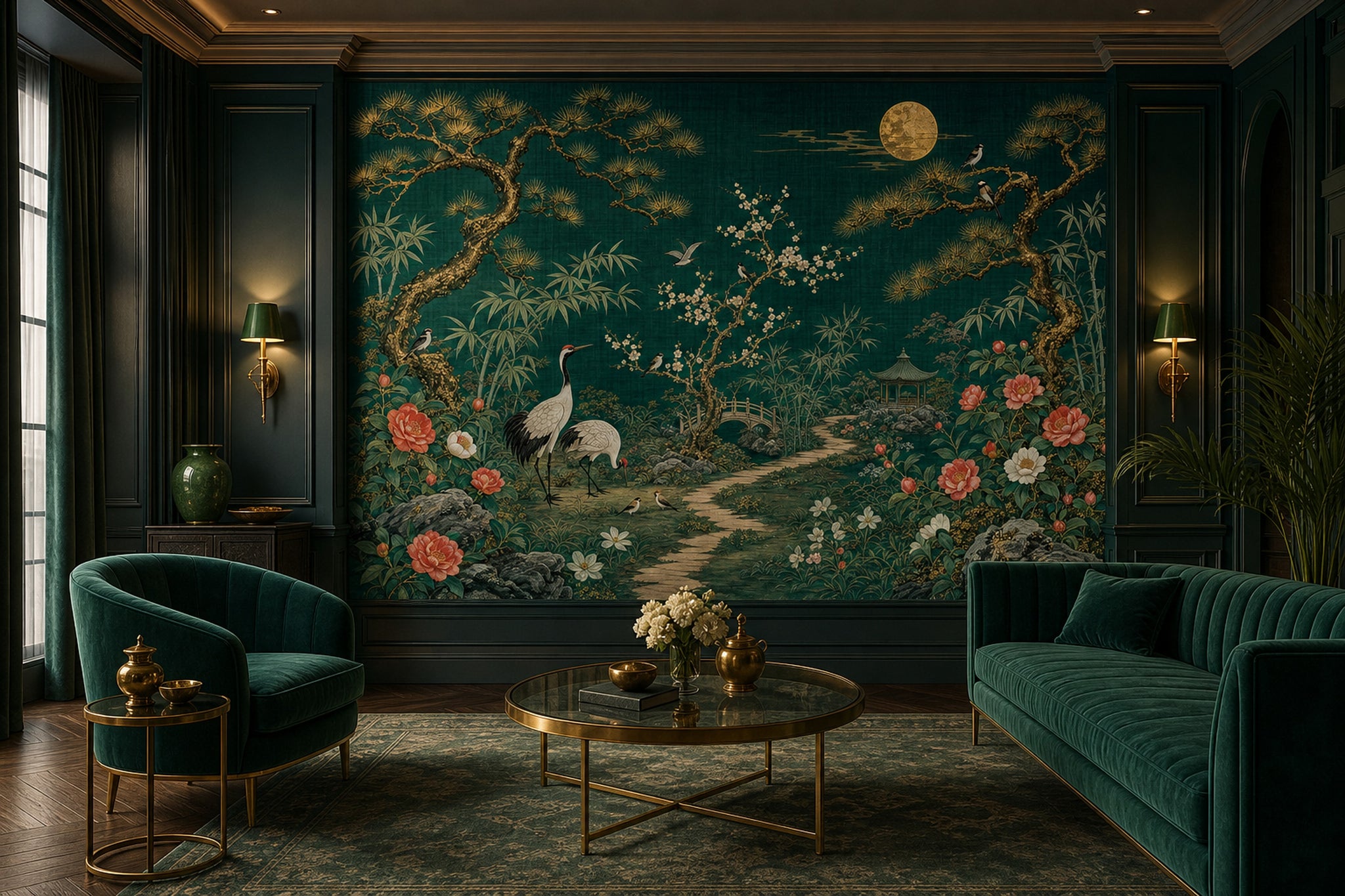 Asian Garden Wallpaper Cranes Removable Peonies Wall Decor