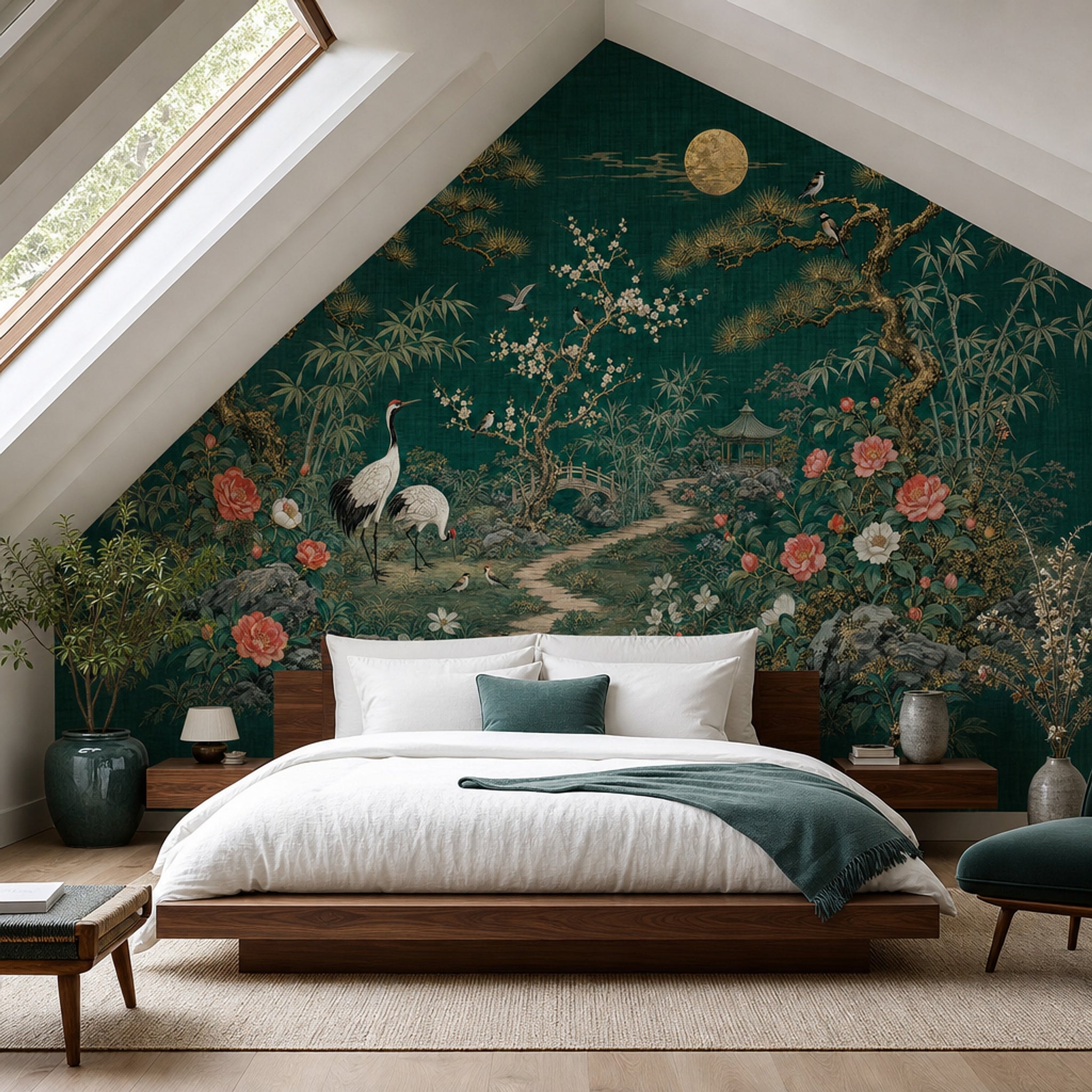 Asian Garden Wallpaper Cranes Removable Peonies Wall Decor