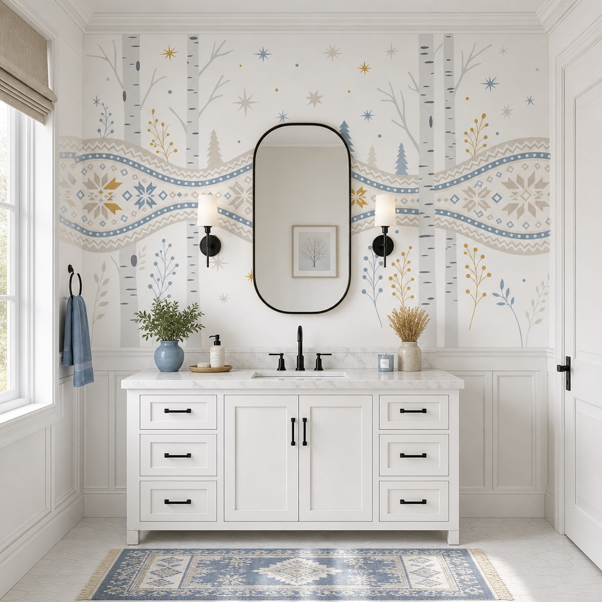 Nordic Winter Wallpaper Birch Trees Removable Geometric Snowflake Wall Decor