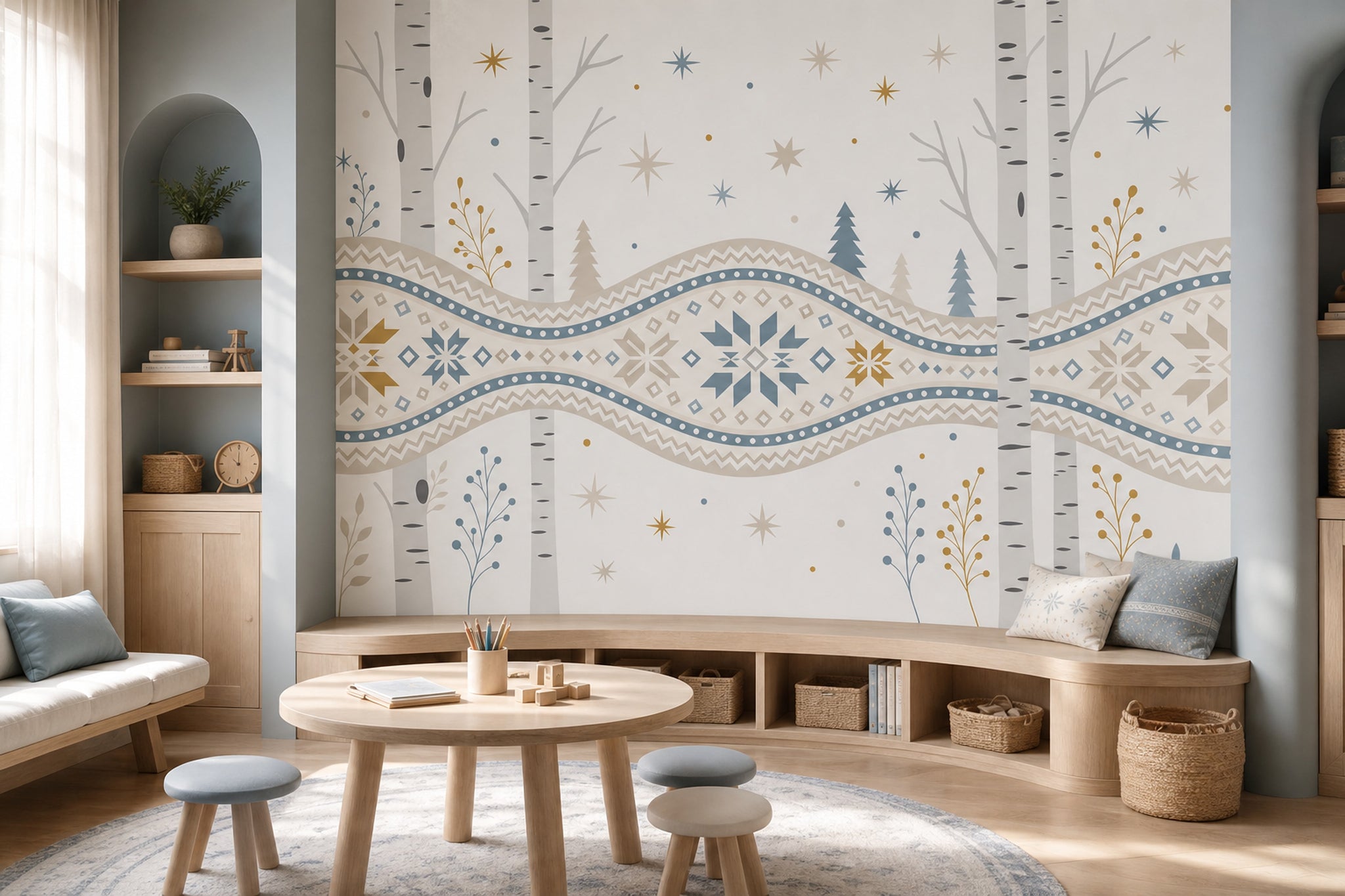 Nordic Winter Wallpaper Birch Trees Removable Geometric Snowflake Wall Decor