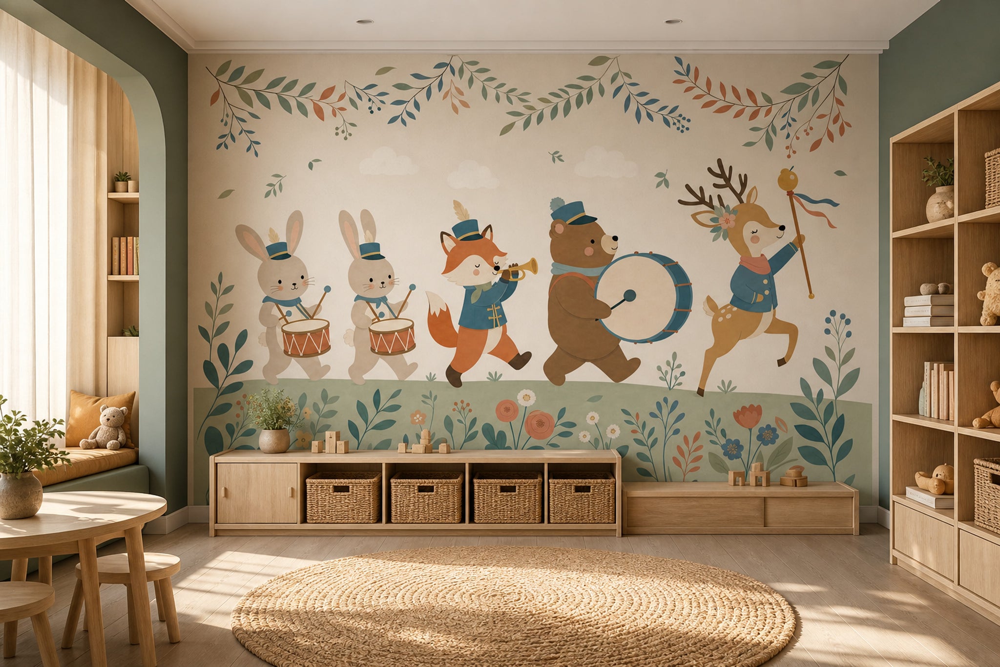 Nursery Wallpaper Woodland Animals Marching Band Removable Wall Decor