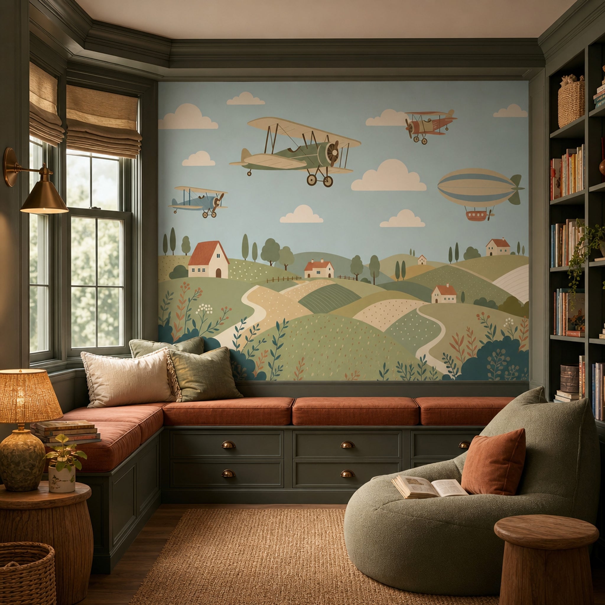 Muted Green Wallpaper Vintage Airplane Wall Mural