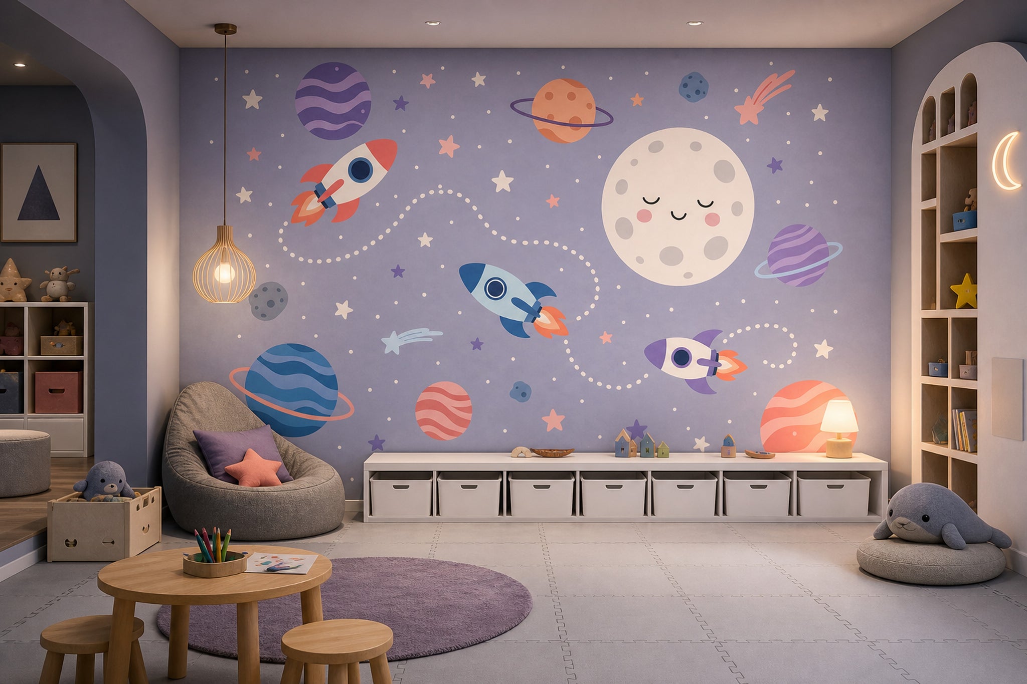 Moon Face Wallpaper Rockets Pastel Wall Mural