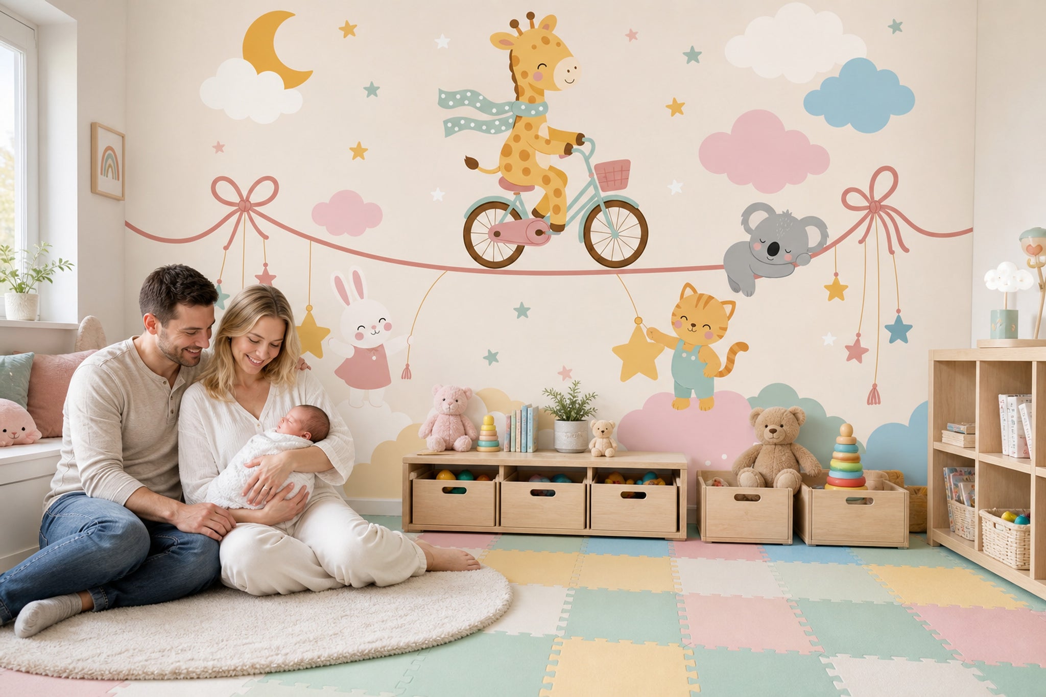 Nursery Wallpaper Cute Animals Pastel Clouds Removable Wall Decor