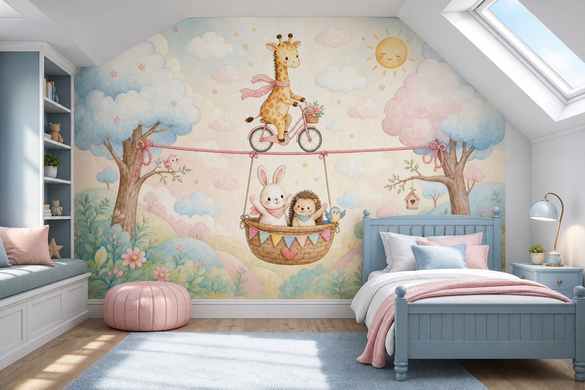 Giraffe On Bicycle Wallpaper Pastel Removable Nursery Wall Decor