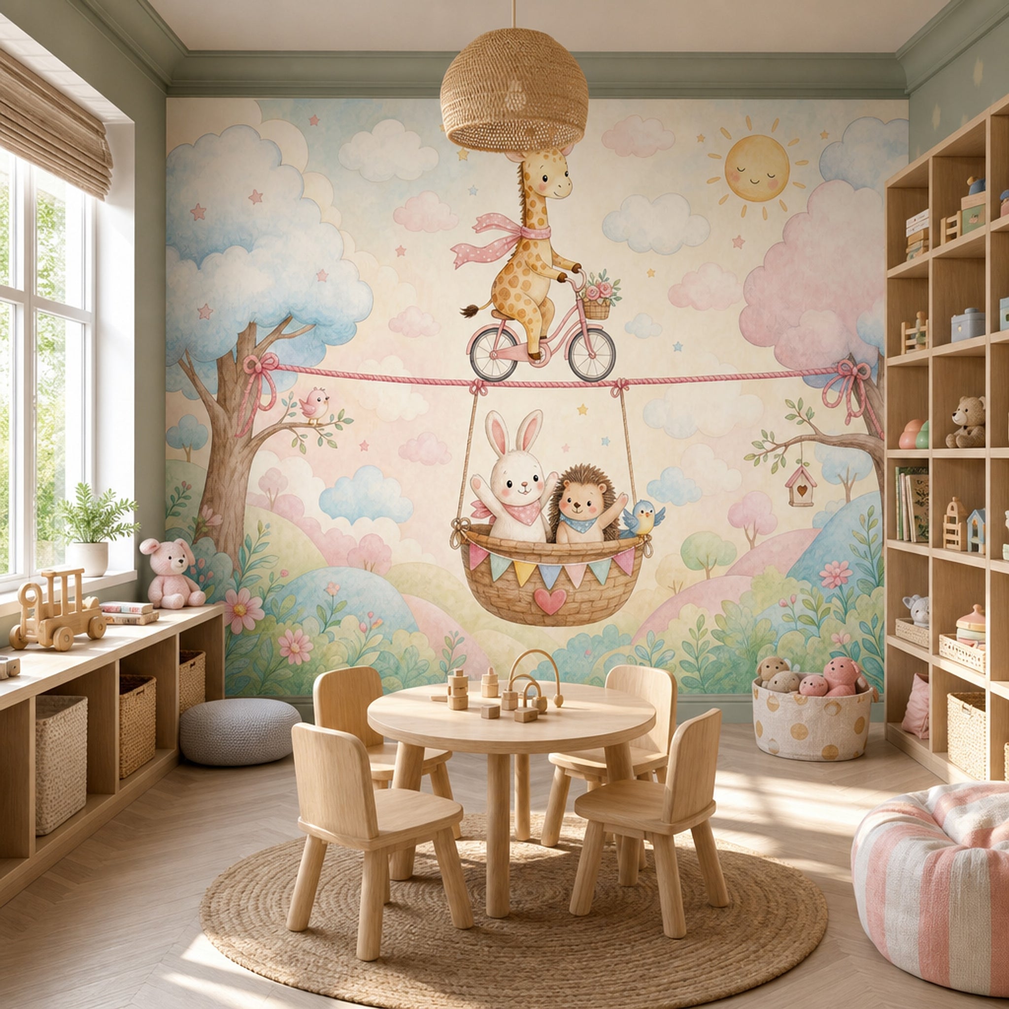 Giraffe On Bicycle Wallpaper Pastel Removable Nursery Wall Decor