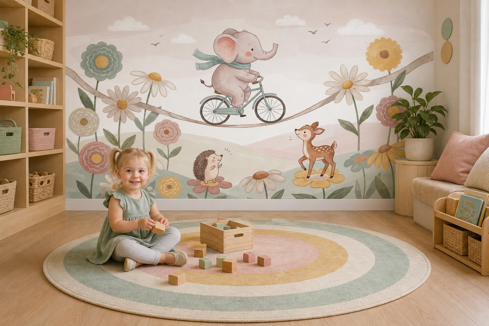 Elephant On Bicycle Wallpaper Pastel Removable Nursery Wall Decor