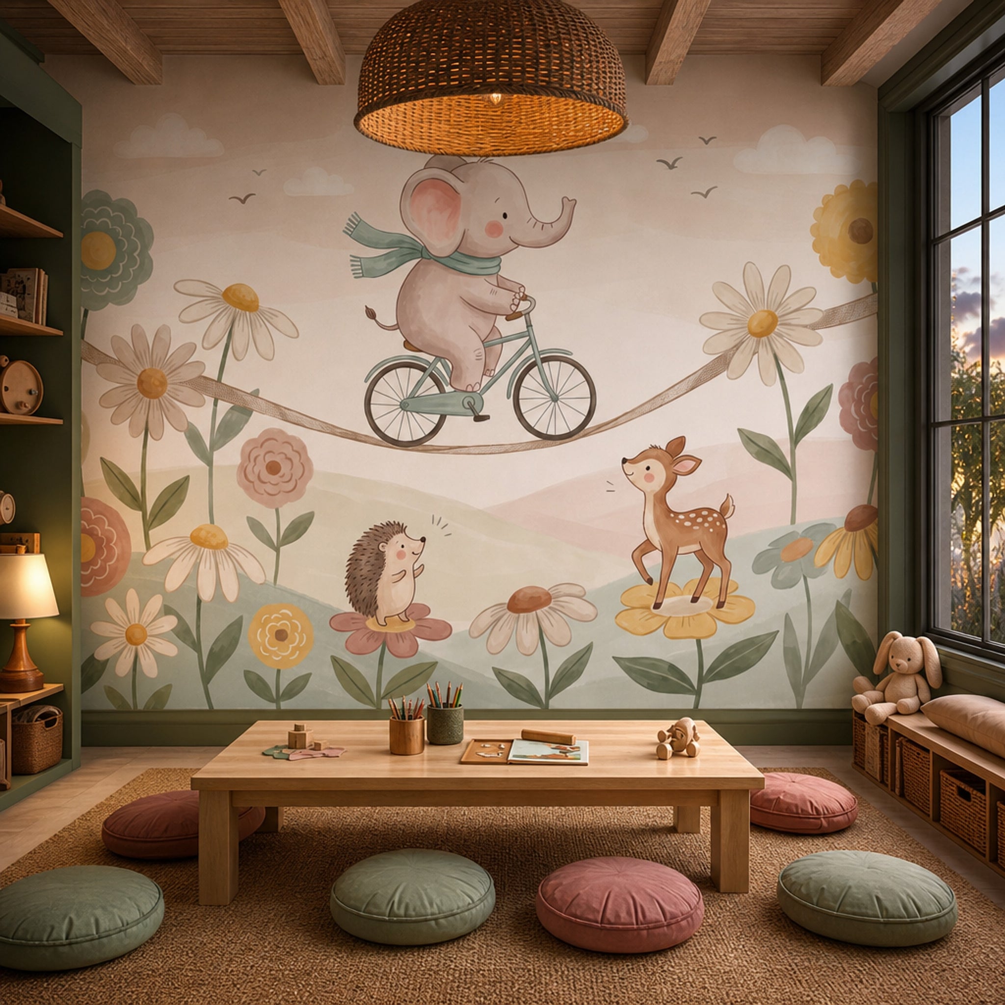 Elephant On Bicycle Wallpaper Pastel Removable Nursery Wall Decor