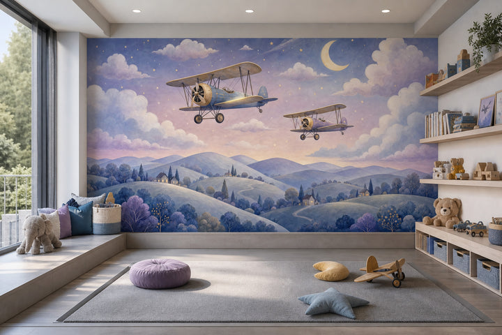 Vintage Biplanes Wallpaper Night Sky Crescent Moon Removable Wall Decor