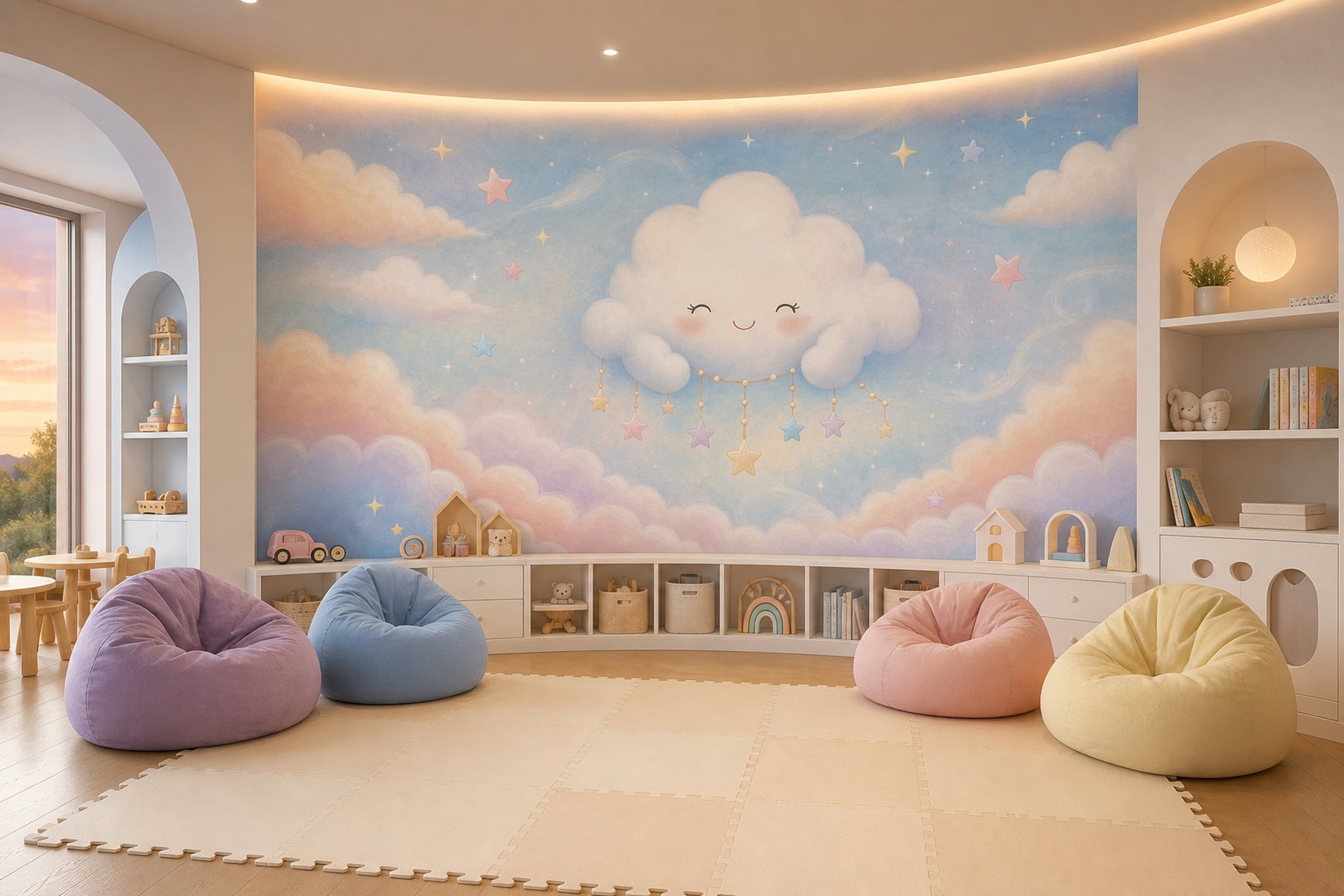 Dreamy Sky Wallpaper Smiling Cloud Pastel Stars Removable Wall Decor