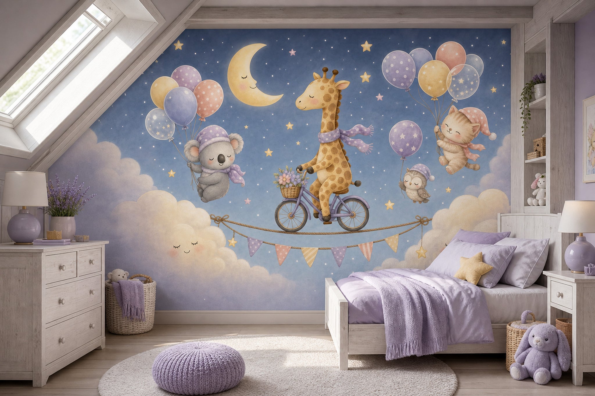 Giraffe On Bicycle Wallpaper Dark Night Sky Watercolor Nursery Wall Mural