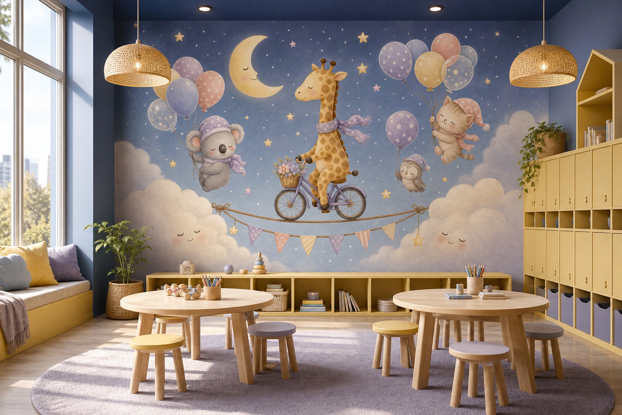 Giraffe On Bicycle Wallpaper Dark Night Sky Watercolor Nursery Wall Mural
