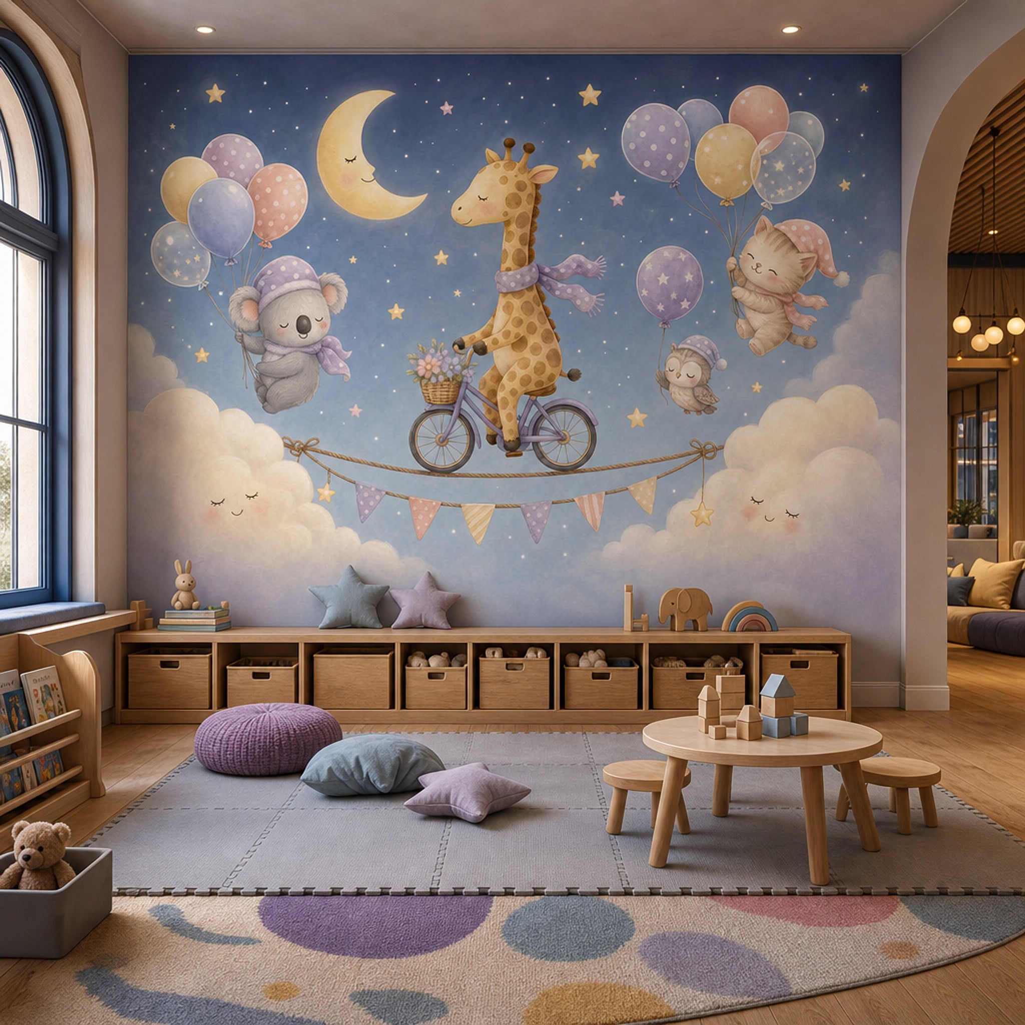 Giraffe On Bicycle Wallpaper Dark Night Sky Watercolor Nursery Wall Mural
