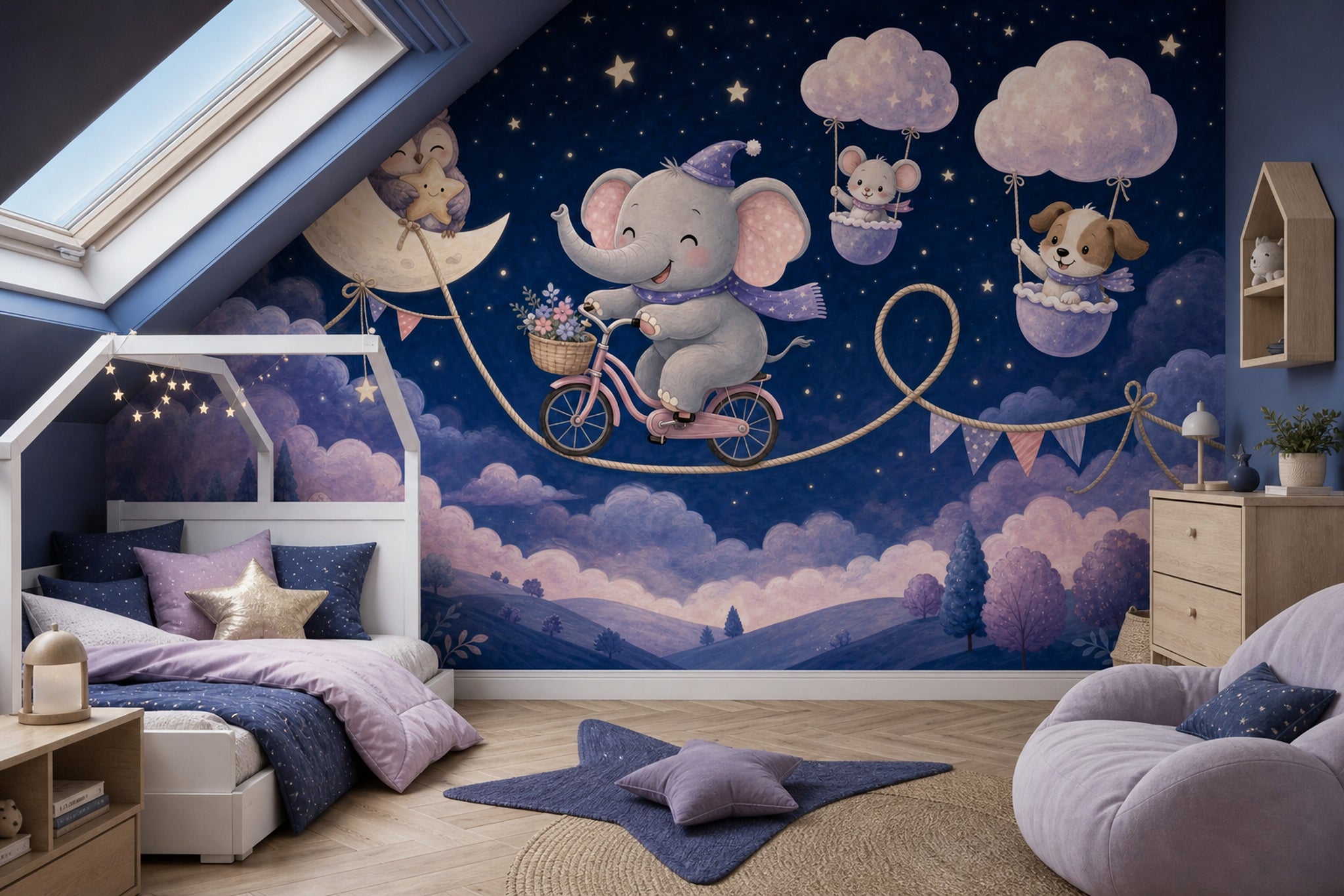 Whimsical Nursery Wallpaper Dark Night Sky Watercolor Illustration Removable Wall Decor
