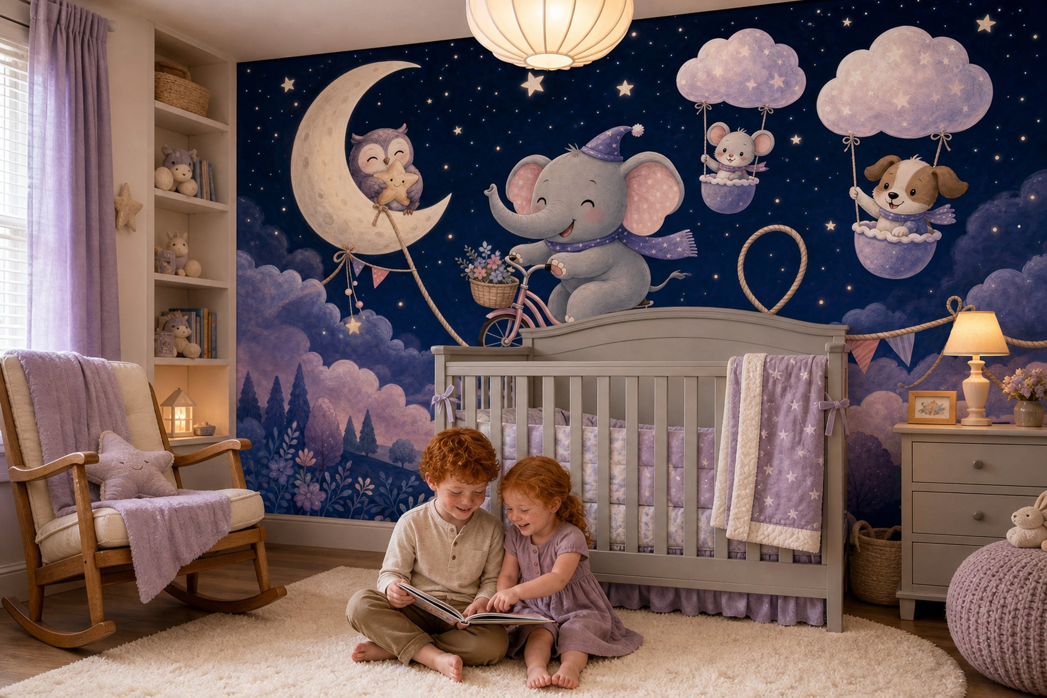 Whimsical Nursery Wallpaper Dark Night Sky Watercolor Illustration Removable Wall Decor