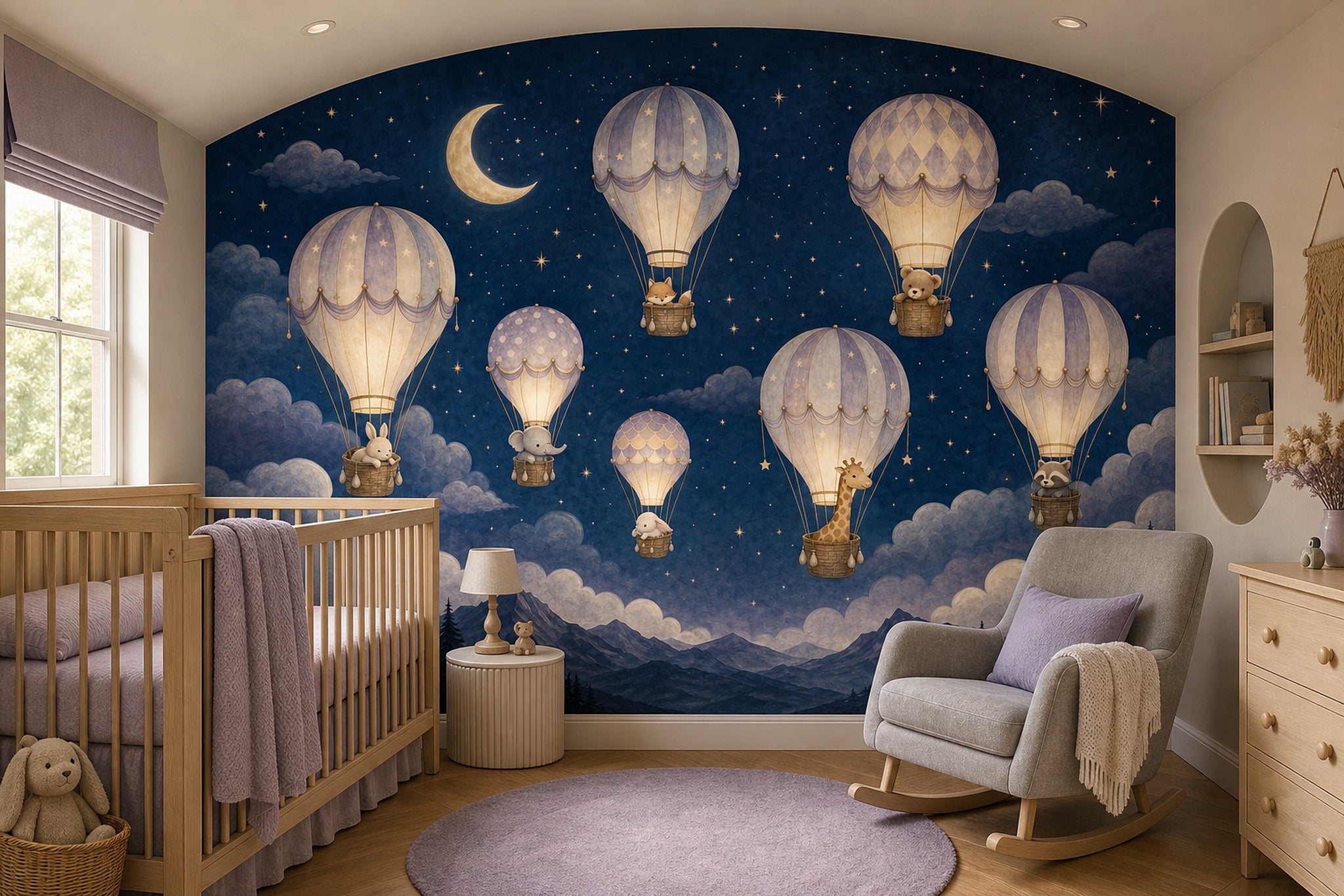 Dark Night Sky Wallpaper Hot Air Balloons Removable Watercolor Illustration Wall Decor