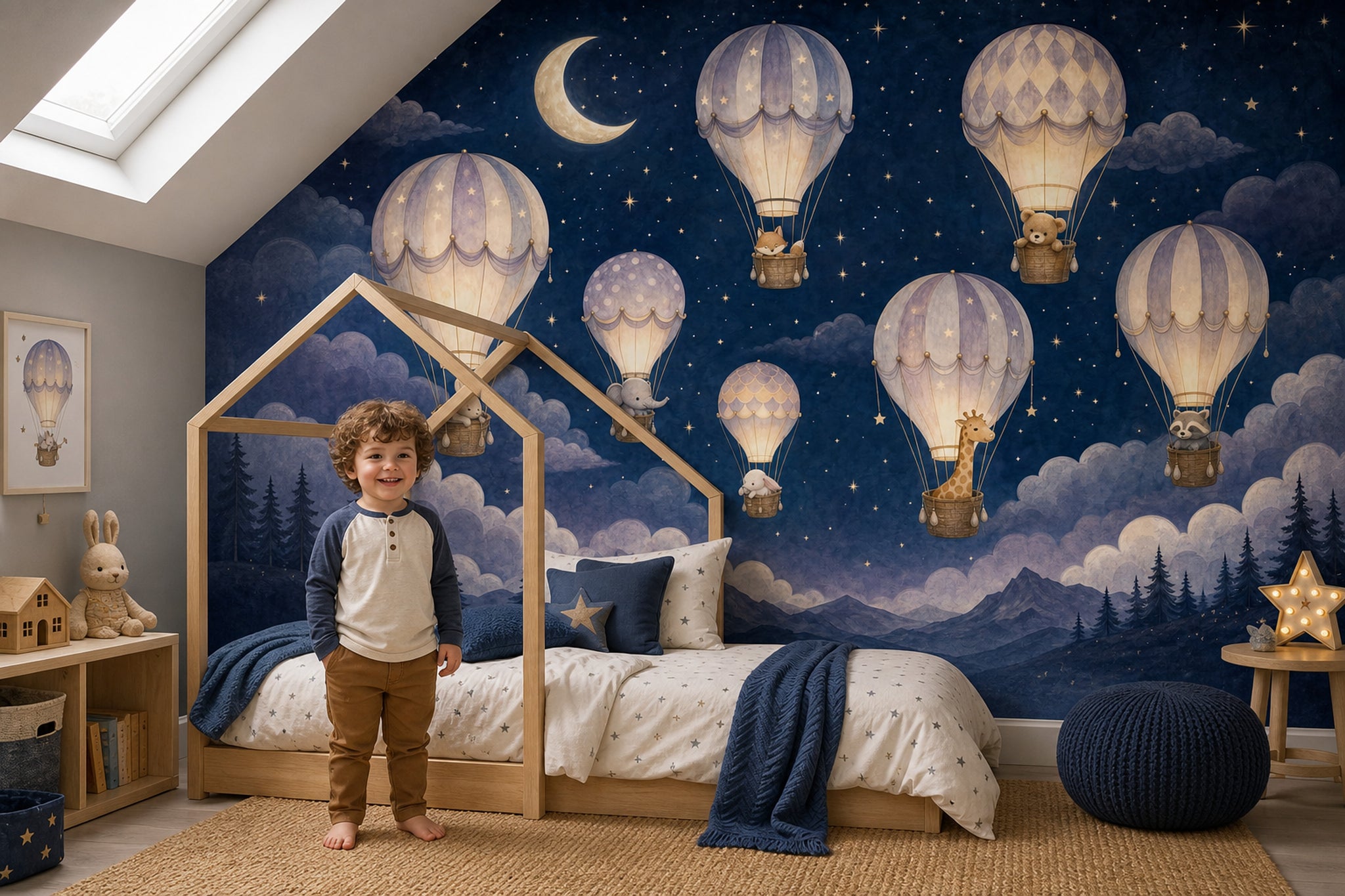 Dark Night Sky Wallpaper Hot Air Balloons Removable Watercolor Illustration Wall Decor