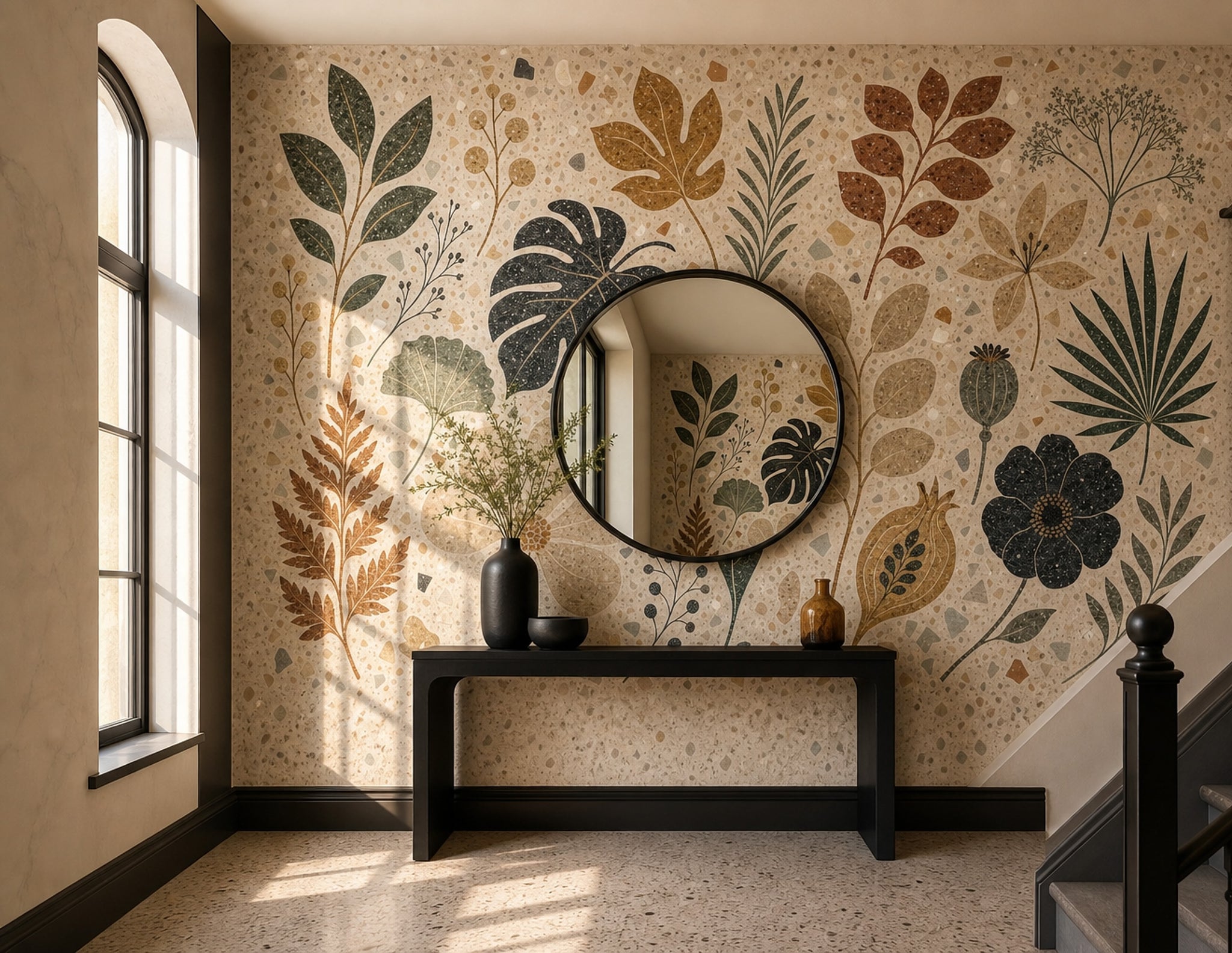 Muted Green Wallpaper Botanical Terrazzo Removable Wall Decor