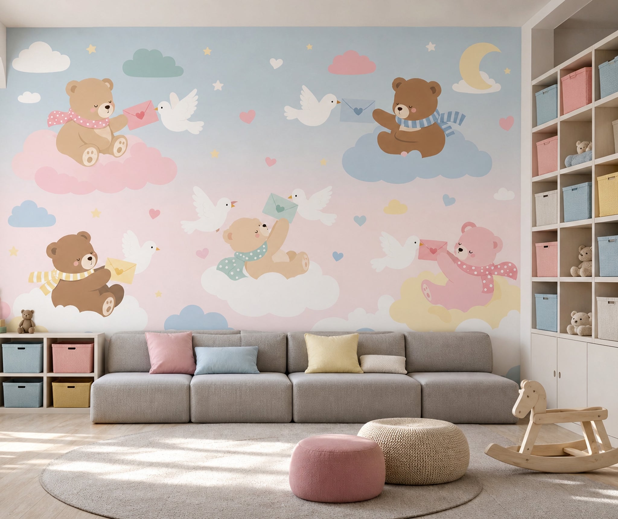 Nursery Wallpaper Cute Teddy Bears Removable Pastel Sky Wall Decor