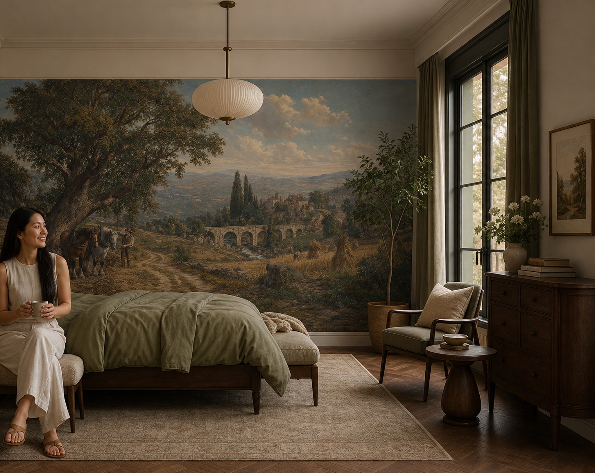 Pastoral Landscape Wallpaper Countryside Removable Stone Bridge Wall Decor
