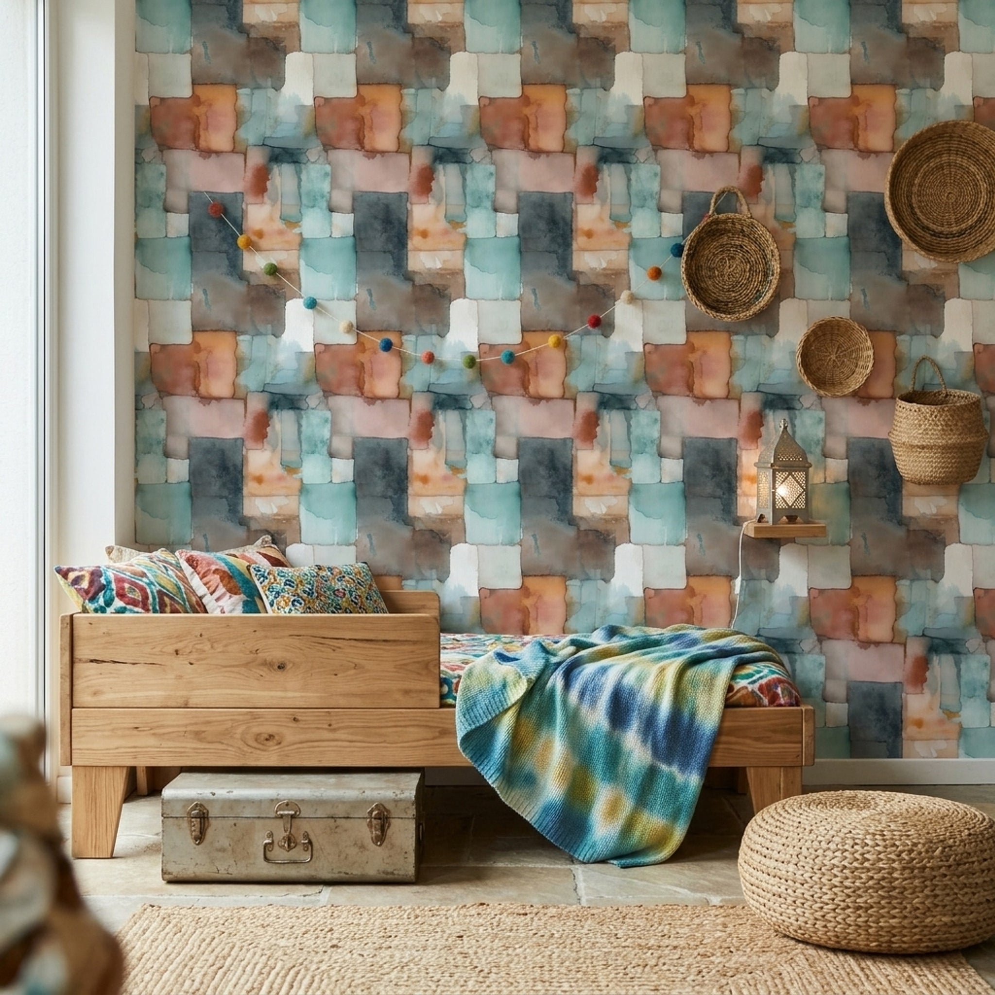 Abstract Watercolor Wallpaper Geometric Blocks Removable Teal And Terracotta Wall Double Roll