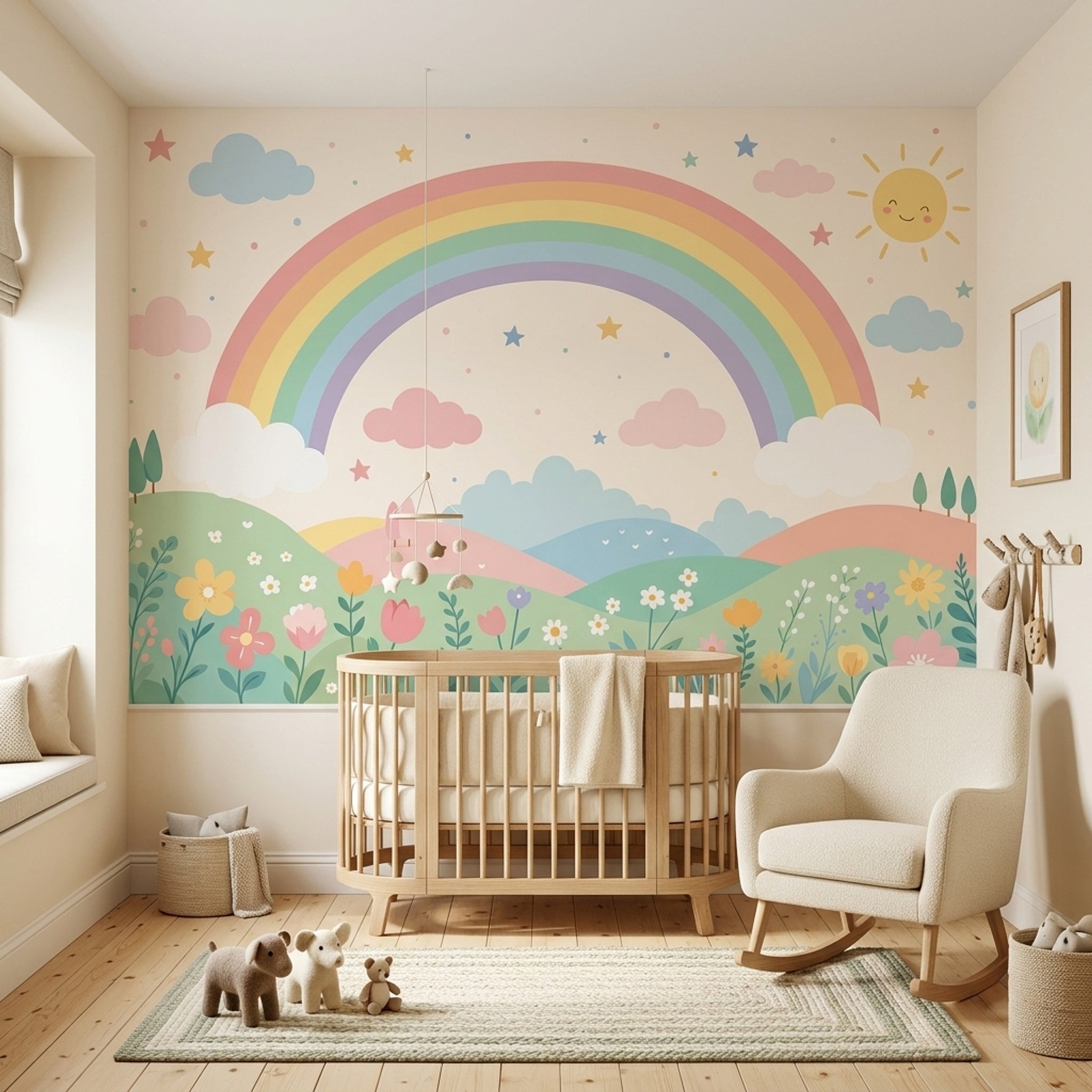White Background Wallpaper Pastel Rainbow Smiling Sun Removable Wall Decor