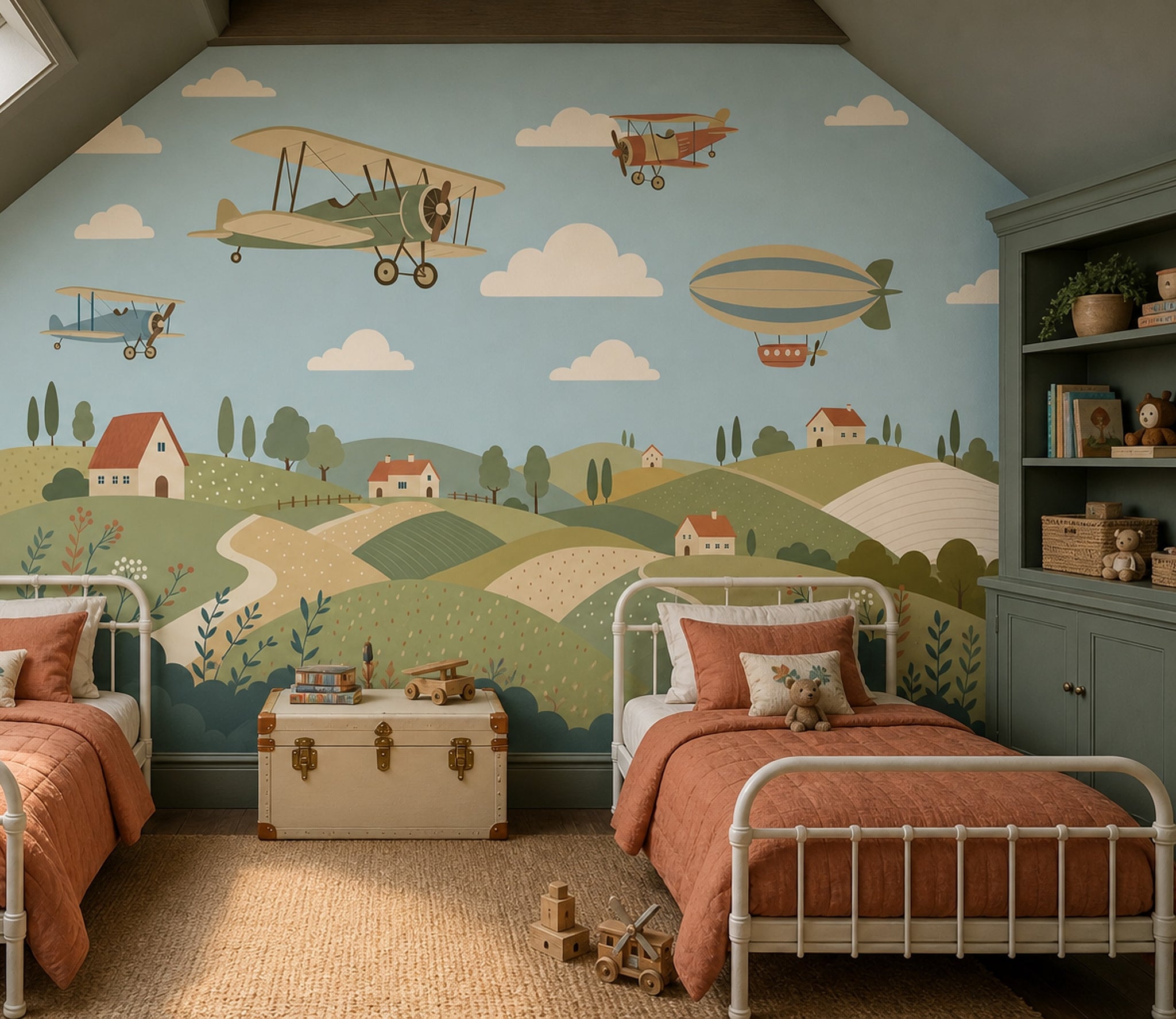 Muted Green Wallpaper Vintage Airplane Wall Mural