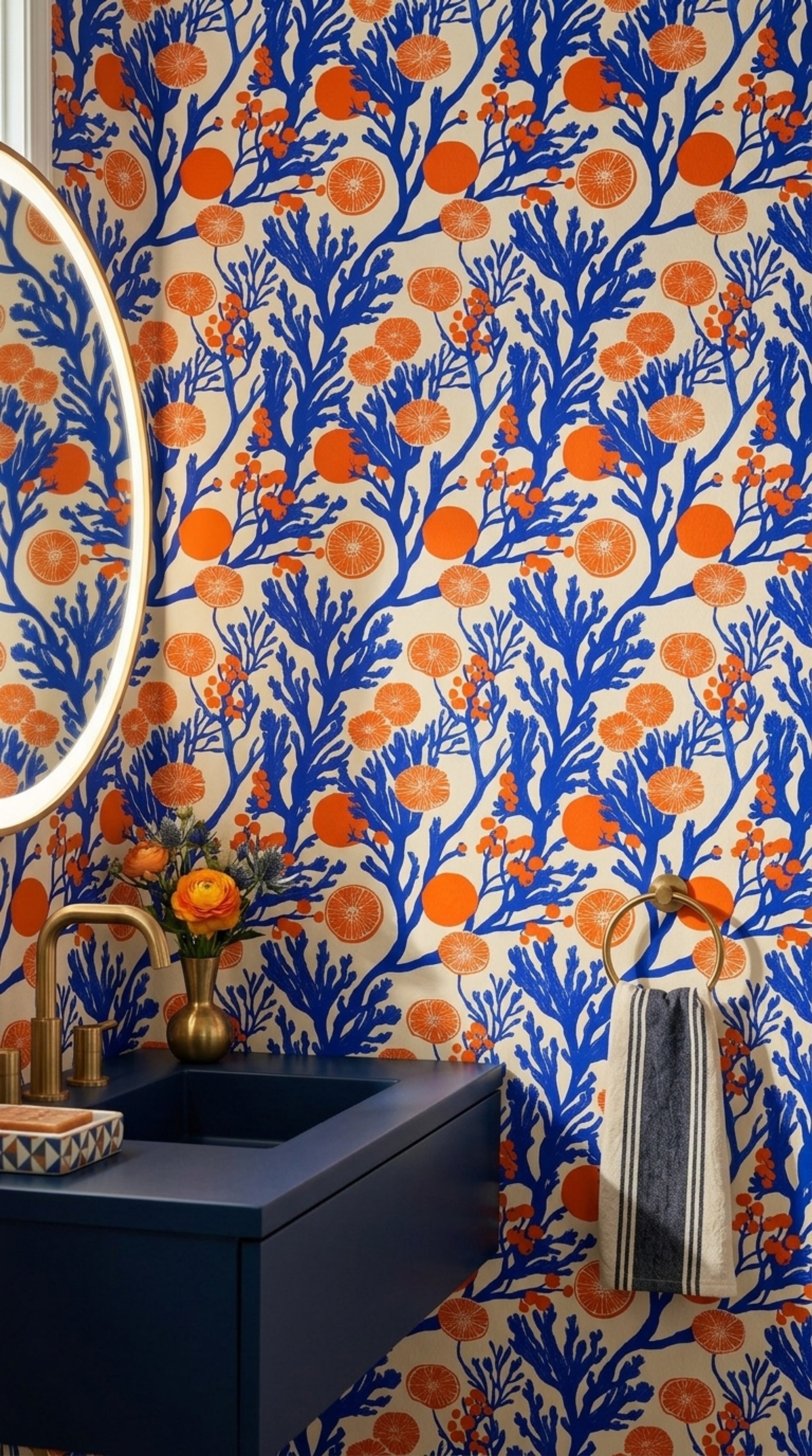 Orange Slices Wallpaper Cobalt Blue Mediterranean Removable Wall Decor