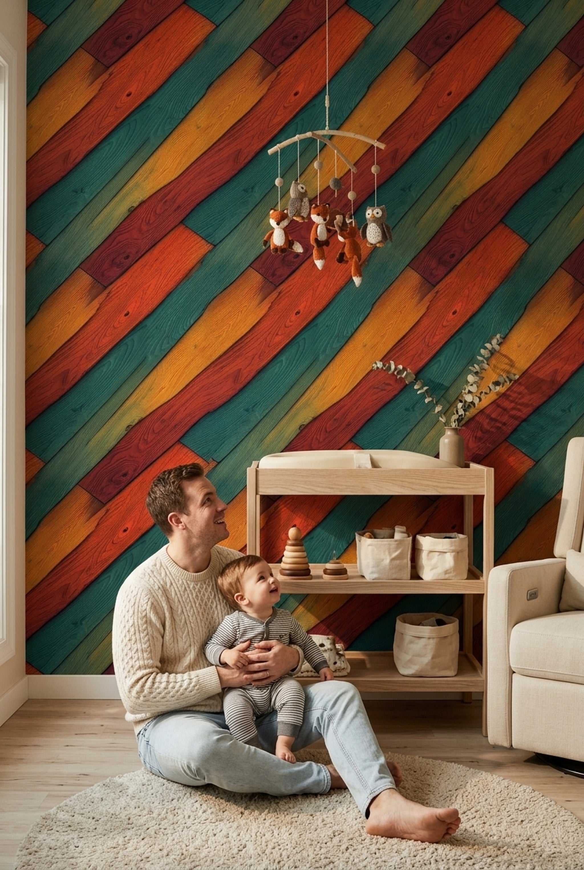 Painted Wood Planks Wallpaper Diagonal Stripes Rustic Texture Removable Wall Decor