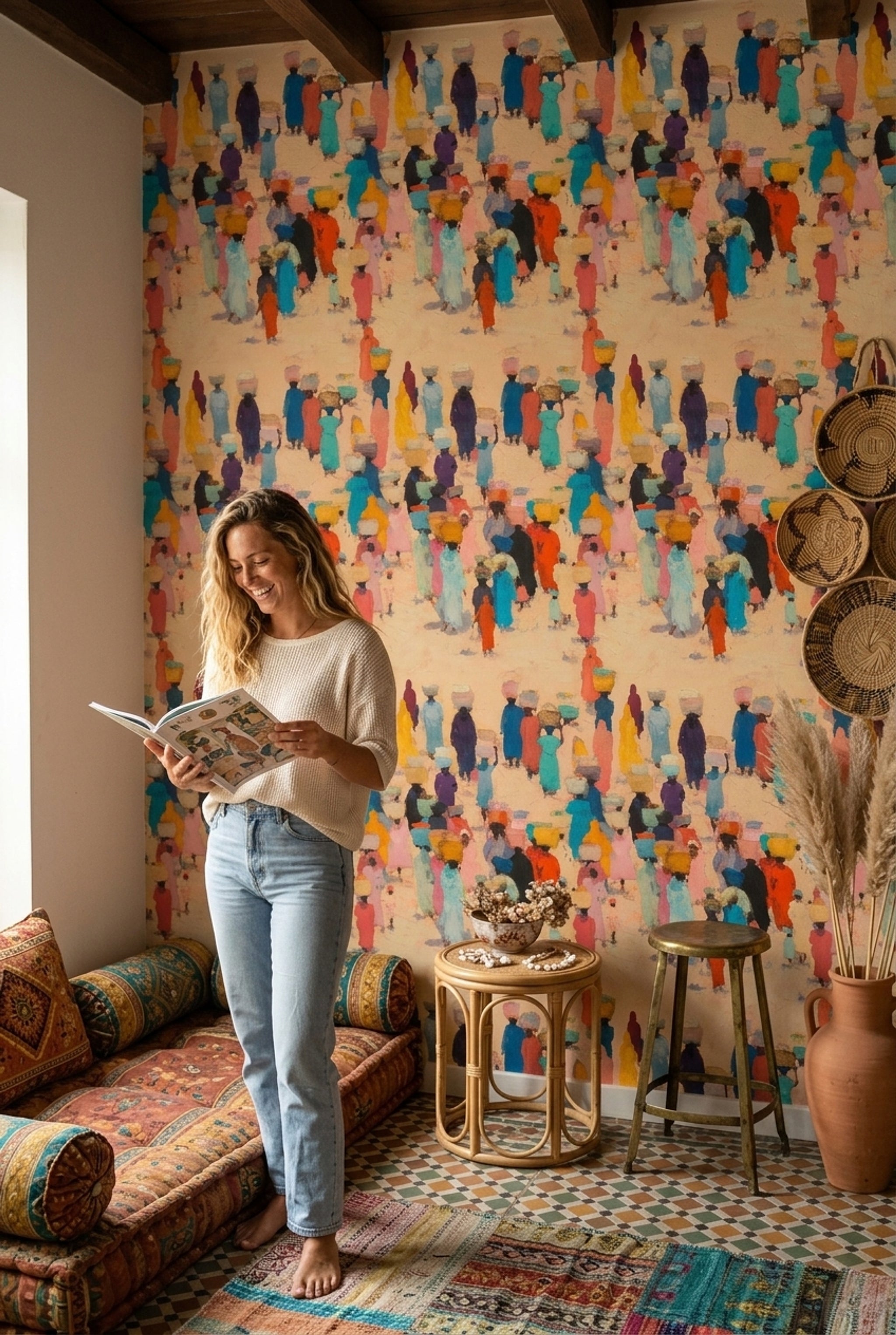 Abstract Pattern Wallpaper Painterly Market Scene Expressionist Removable Wall Decor