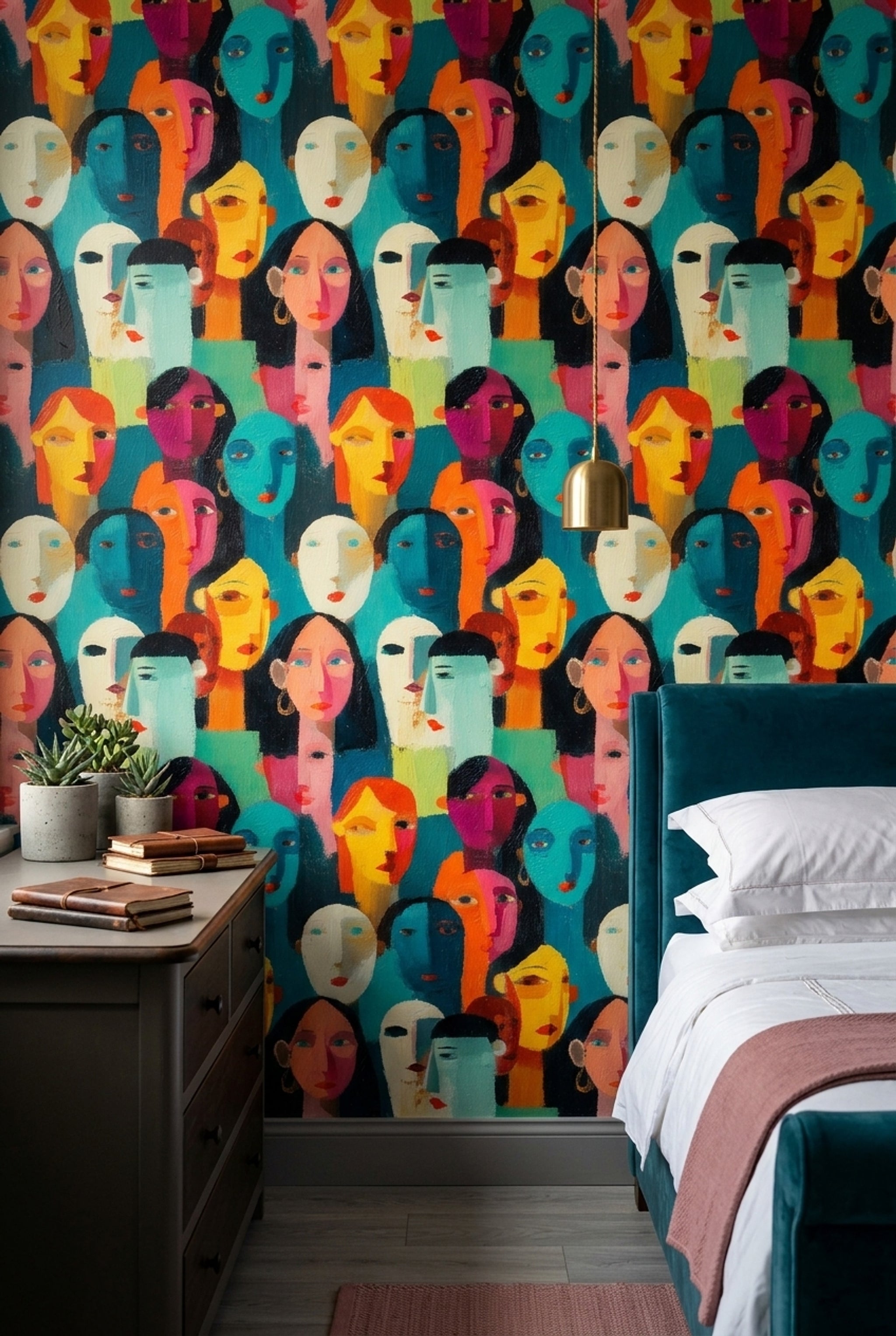 Abstract Faces Wallpaper Portrait Collage Teal Background Decorative Mural