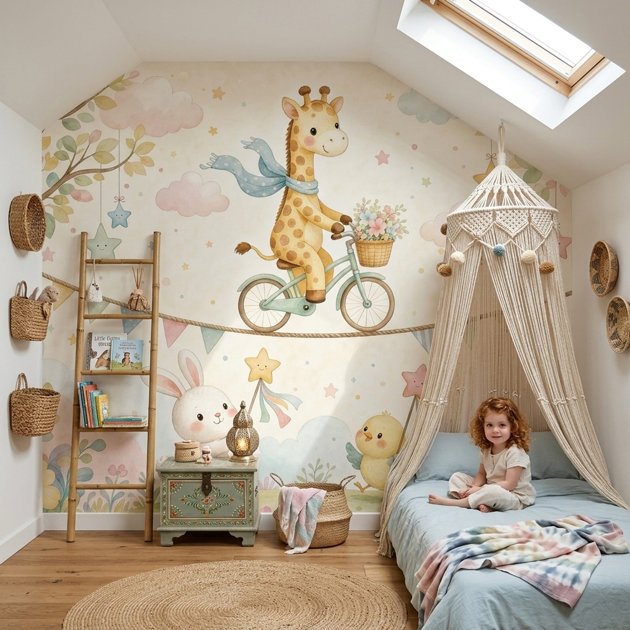 Giraffe On Bicycle Wallpaper Nursery Removable Watercolor Wall Decor