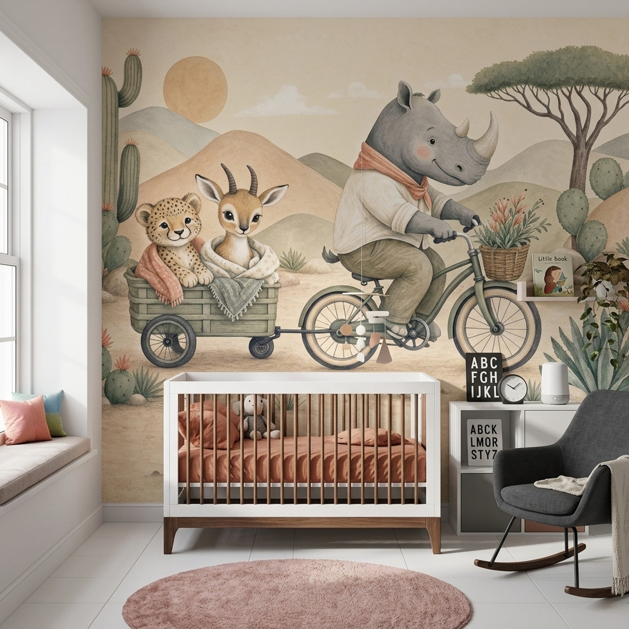 Rhino On Bicycle Wallpaper Desert Landscape Watercolor Illustration Wall Mural