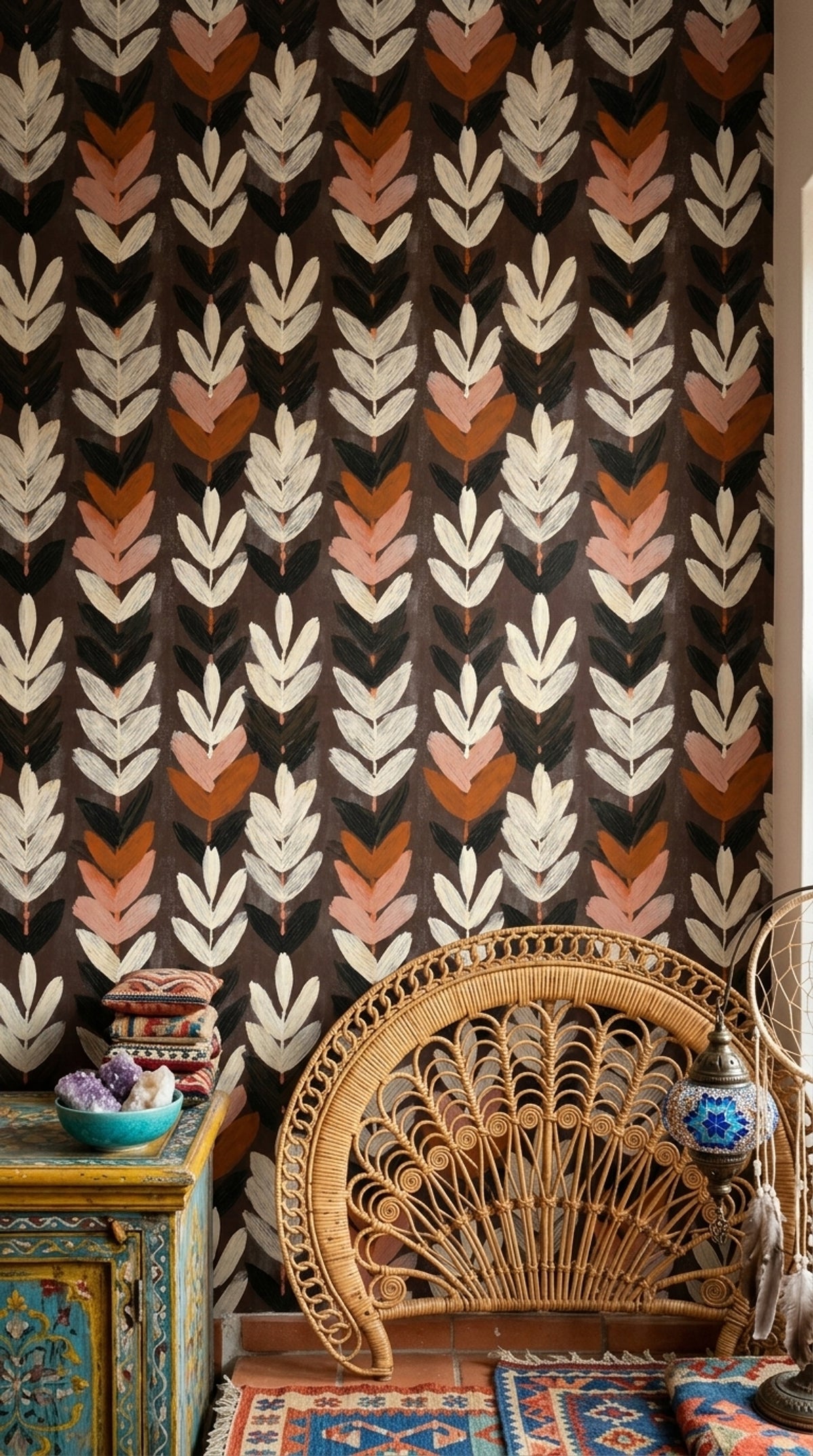Dark Botanical Wallpaper Abstract Floral Hand Painted Leaves Decorative Mural