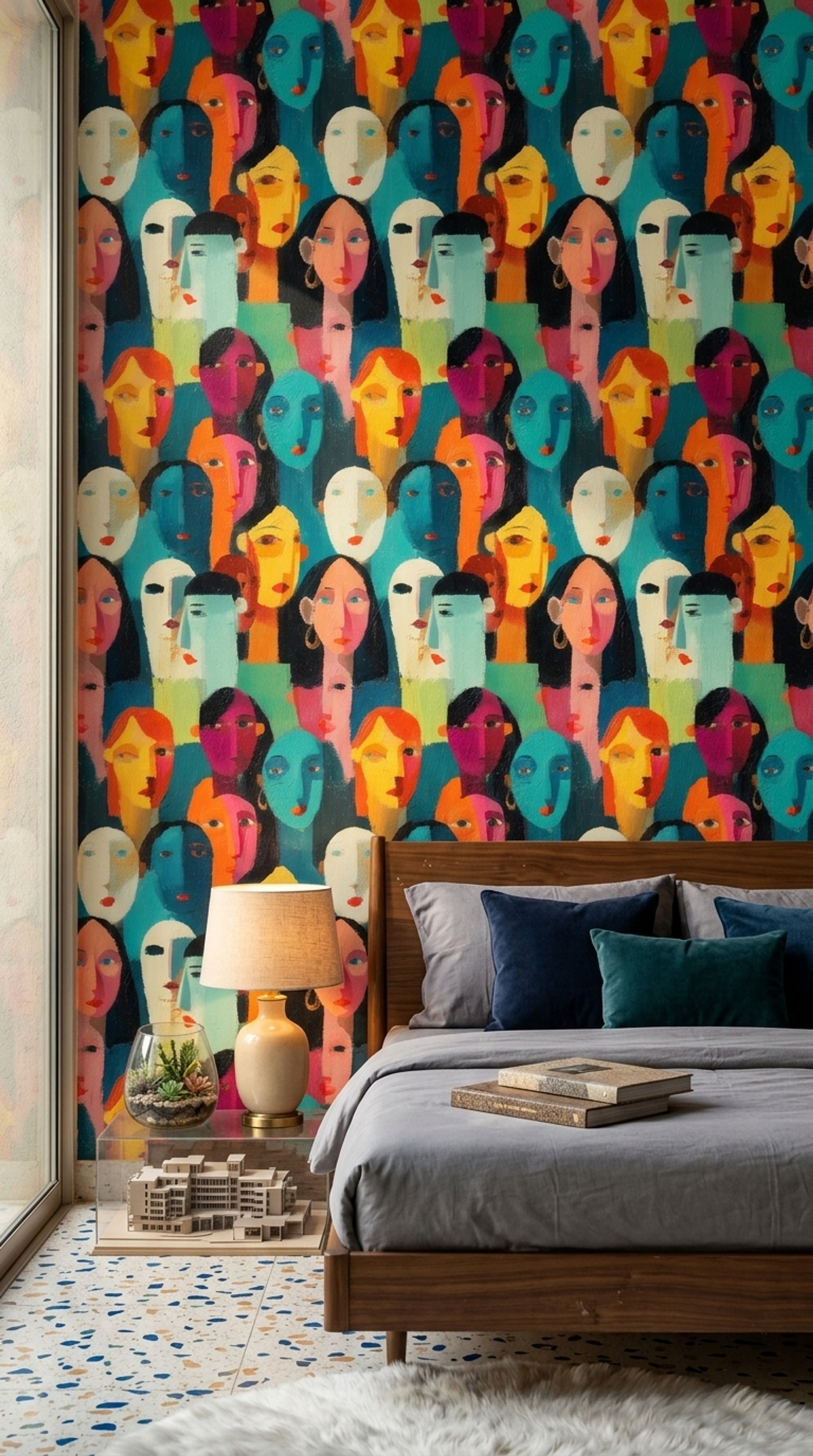 Abstract Faces Wallpaper Portrait Collage Teal Background Decorative Mural