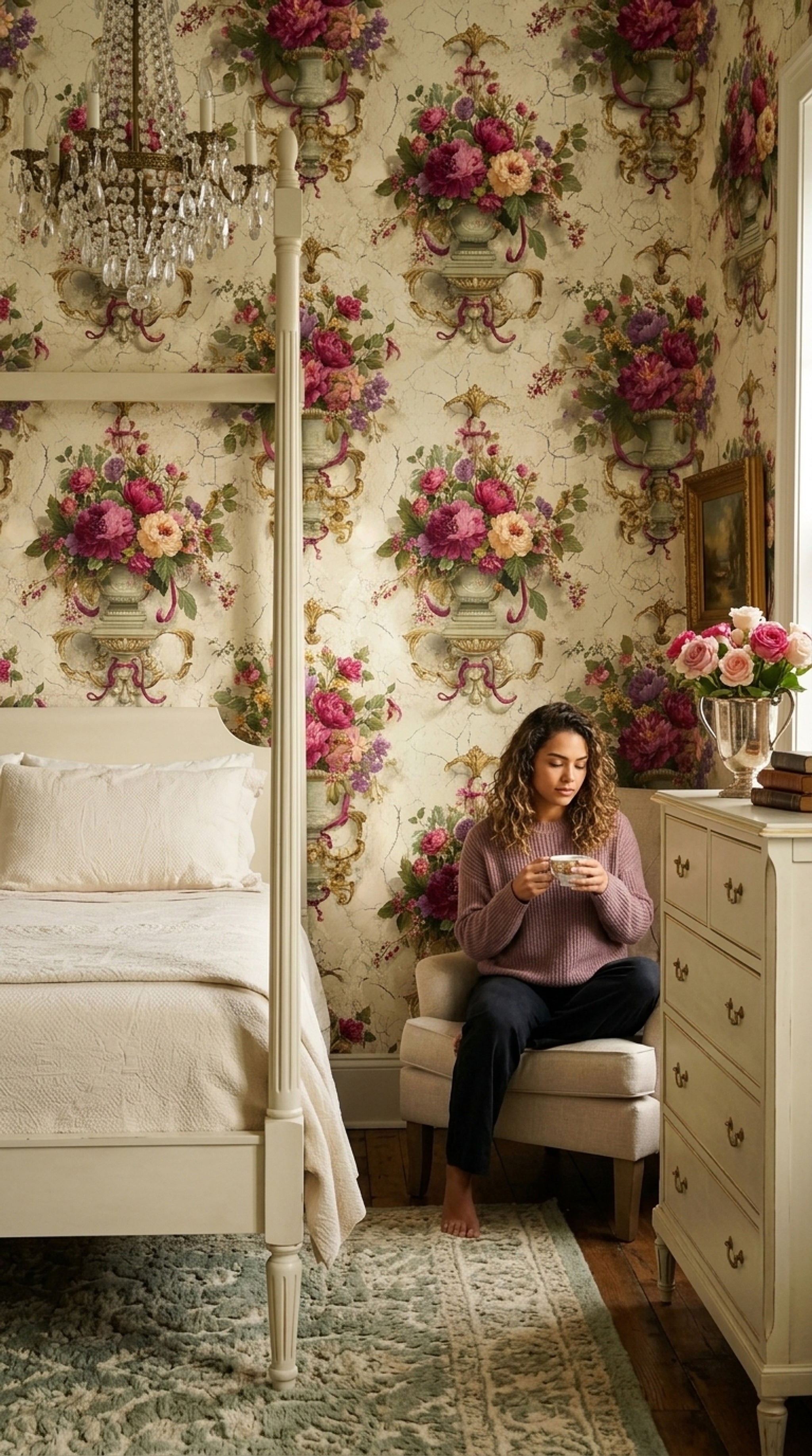 Vintage Floral Wallpaper Peonies Removable Ornate Urns Wall Double Roll