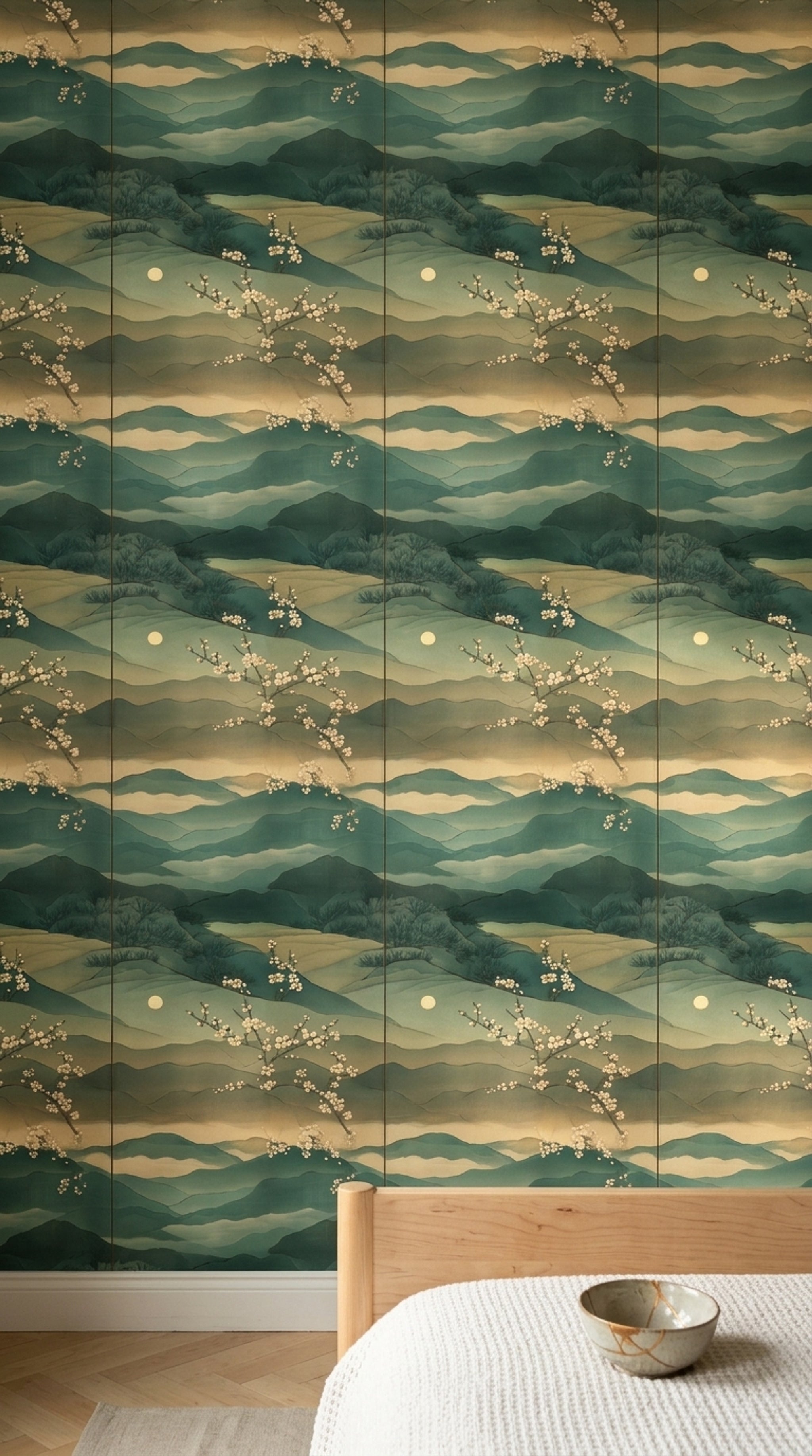 Layered Mountains Wallpaper Misty Landscape Teal Green Decorative Mural