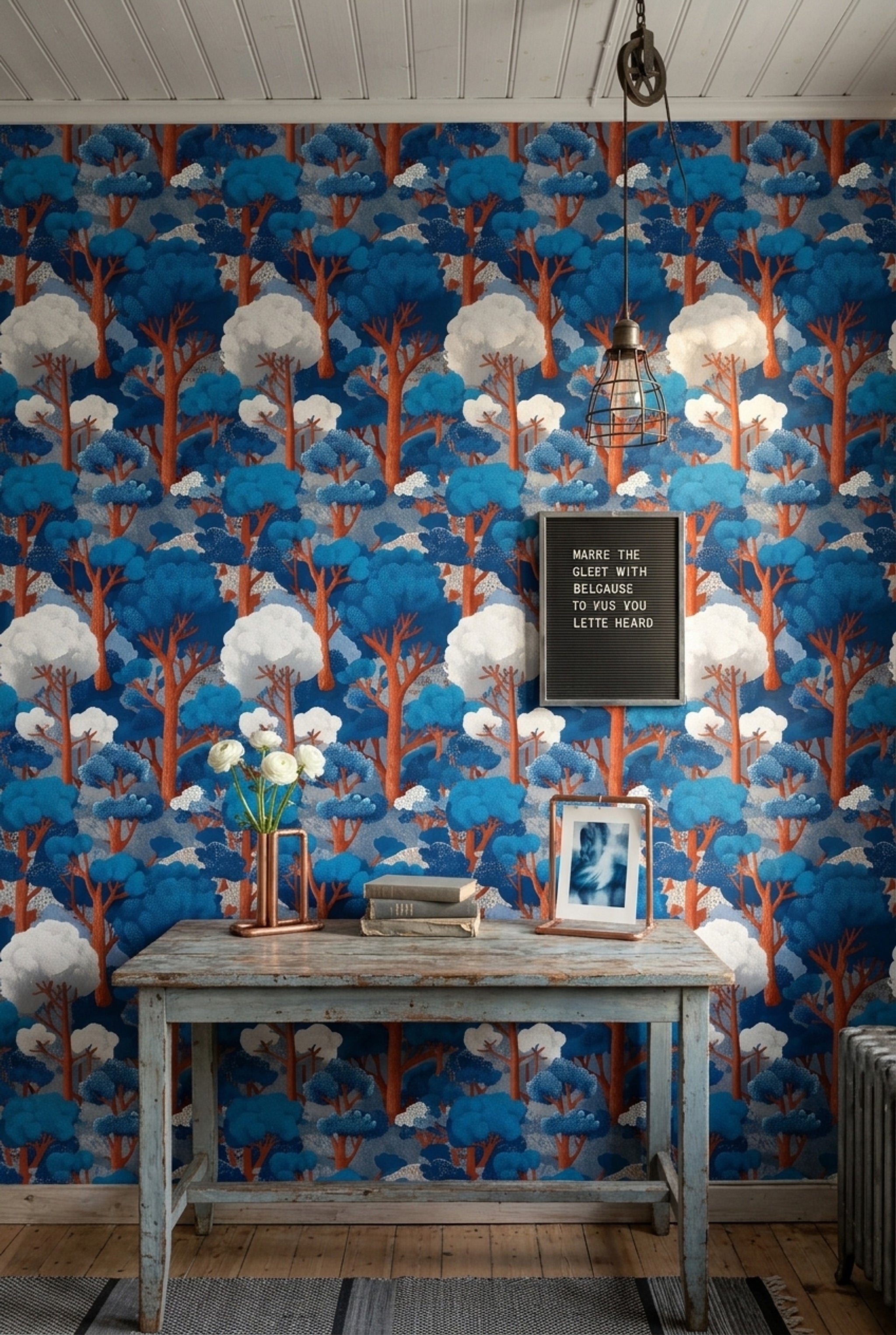 Blue Forest Wallpaper Stylized Trees Removable Woodland Landscape Wall Double Roll