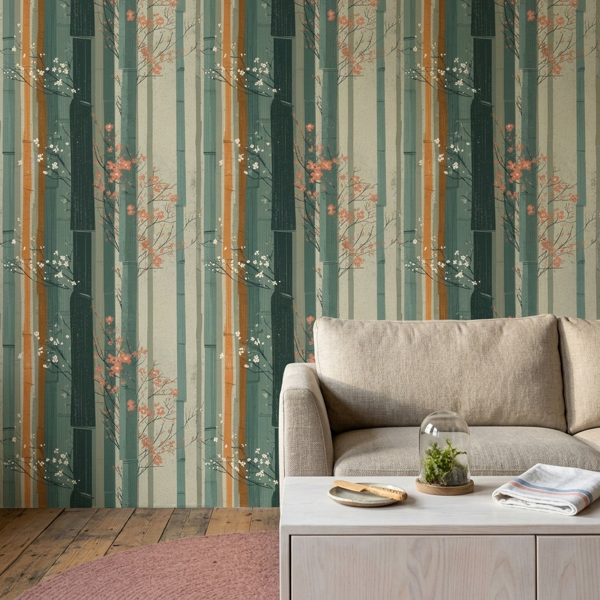 Bamboo Wallpaper Cherry Blossom Japanese Inspired Removable Wall Decor