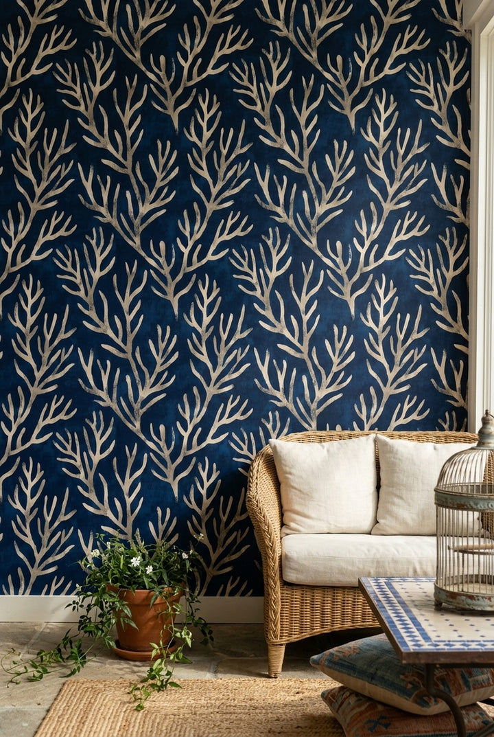 Coral Branches Wallpaper Dark Navy Coastal Removable Wall Decor
