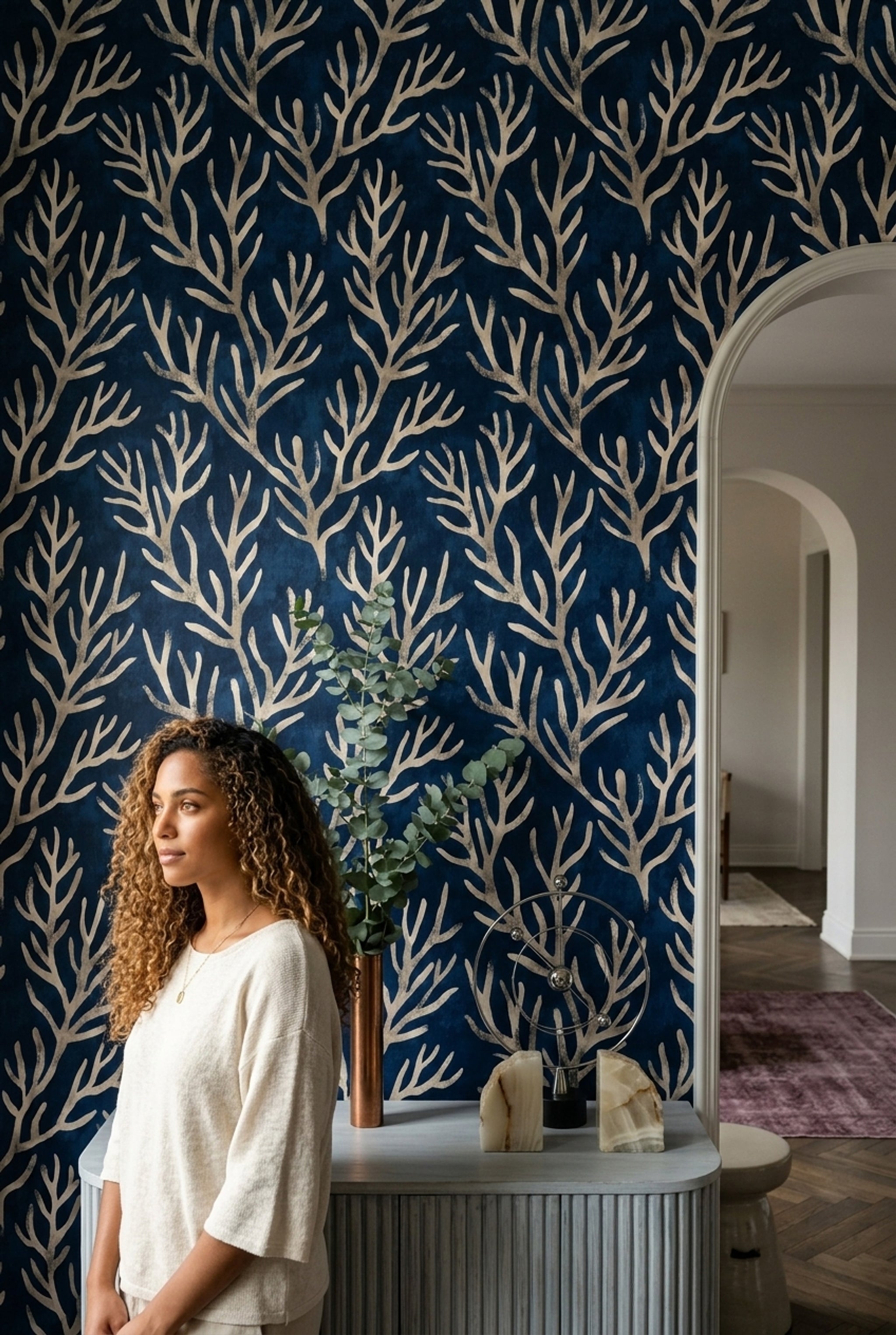 Coral Branches Wallpaper Dark Navy Coastal Removable Wall Decor