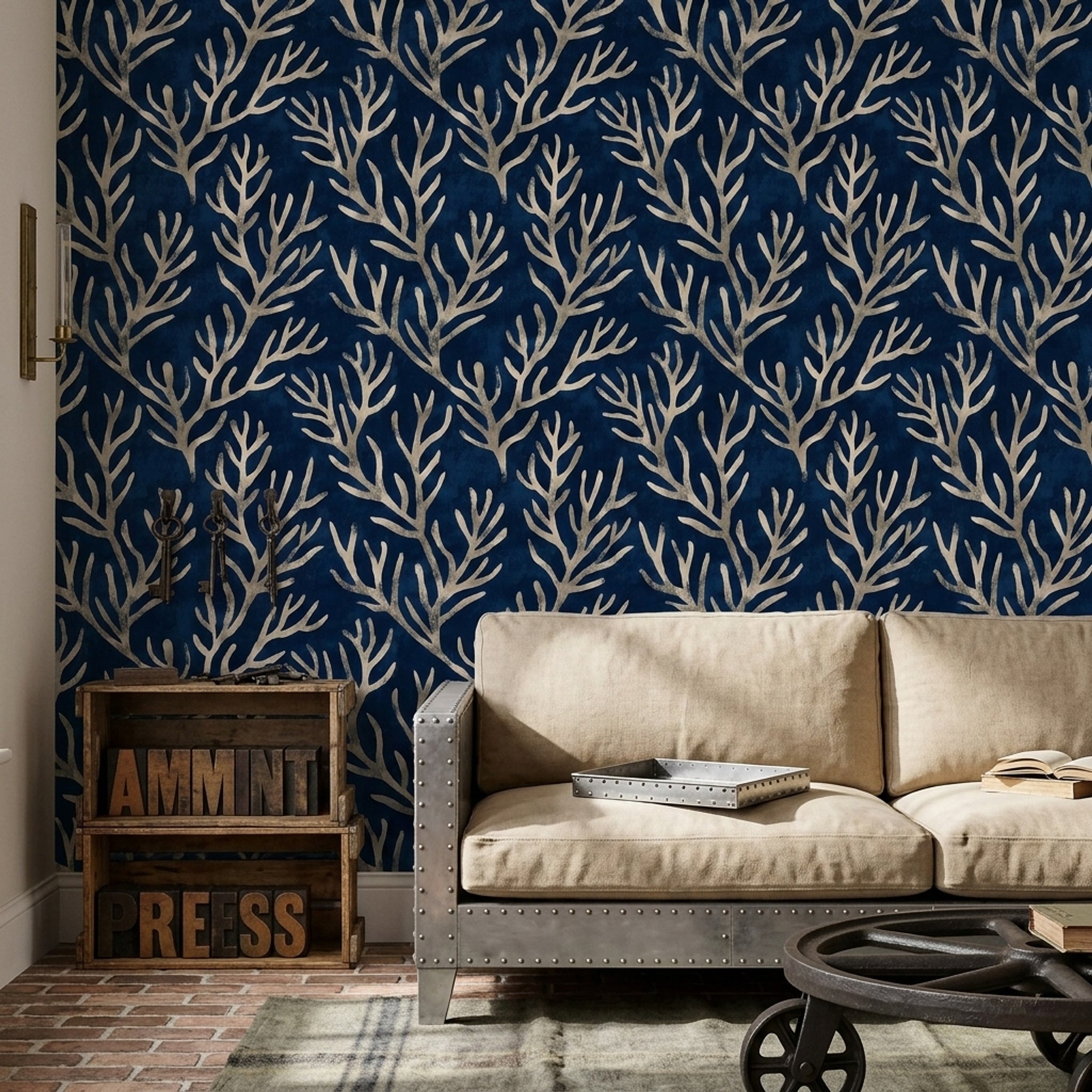Coral Branches Wallpaper Dark Navy Coastal Removable Wall Decor